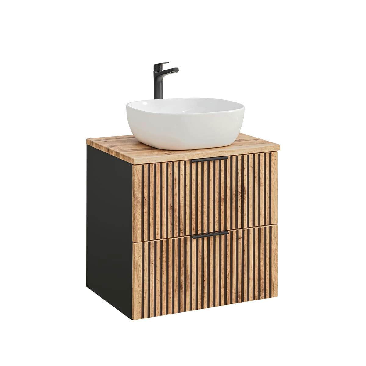 - Ensemble meuble simple vasque 60cm et colonne naturel et noir