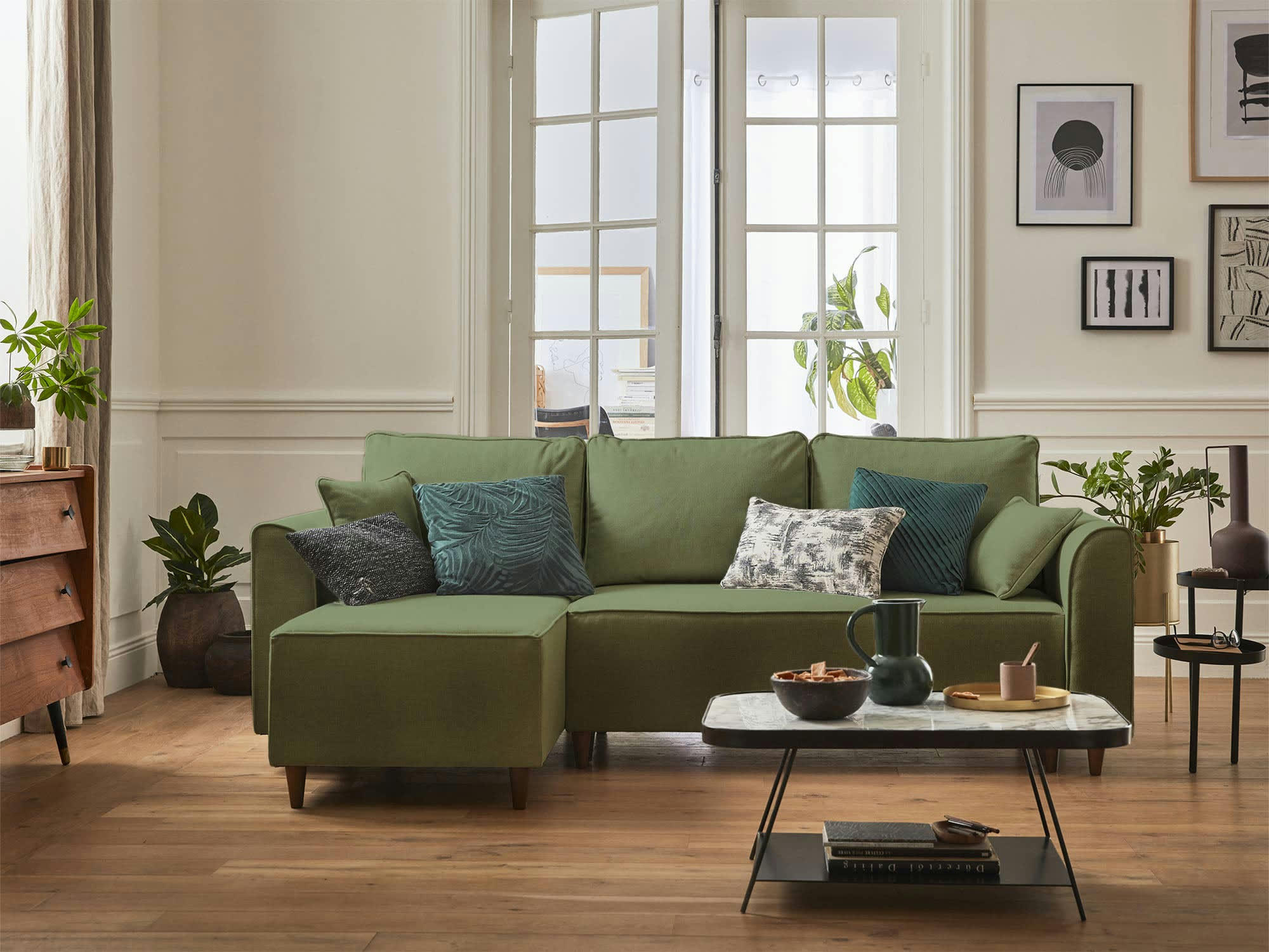 SAPHIR - Canapé d'angle réversible convertible 4 places en tissu vert sauge