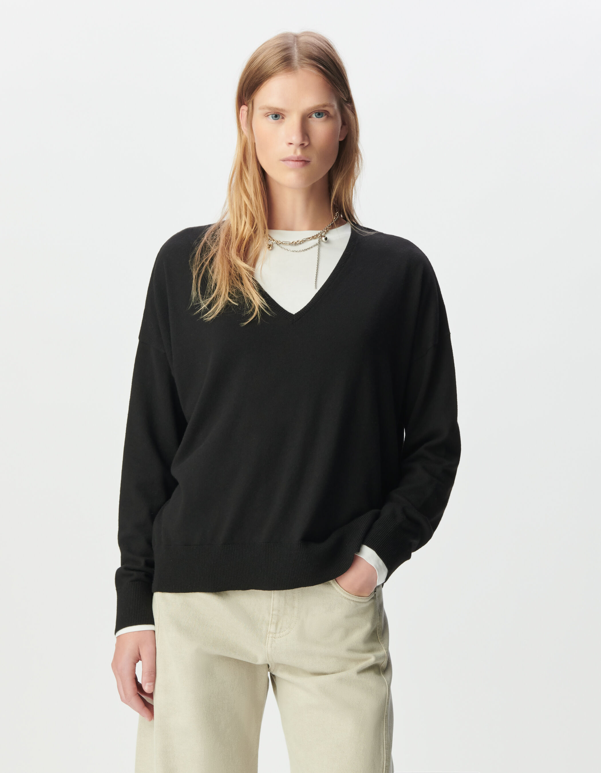 Pull encolure V noir tricot fin oversize Femme