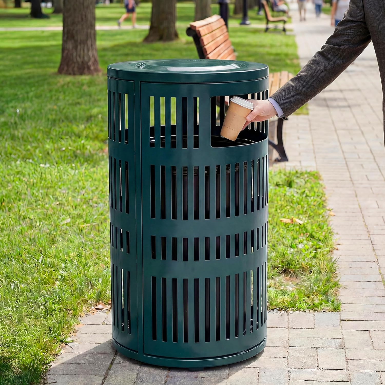 Alpine 40 Gallon Commercial Outdoor Trash Can with Lid, Weather Resistant, Locking Steel Waste Receptacle with Pull-Out Liner, Heavy Duty Galvanized Garbage Bin for Parks, Schools, City Streets- Green