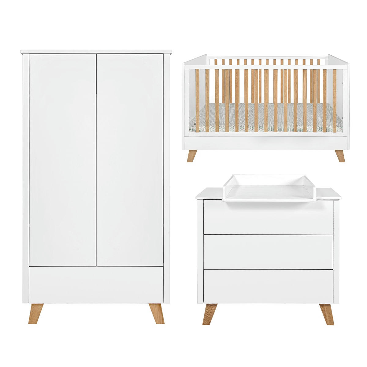 TRIO - ZARA - Chambre bébé : Trio - lit évolutif 70x140 commode armoire blanc