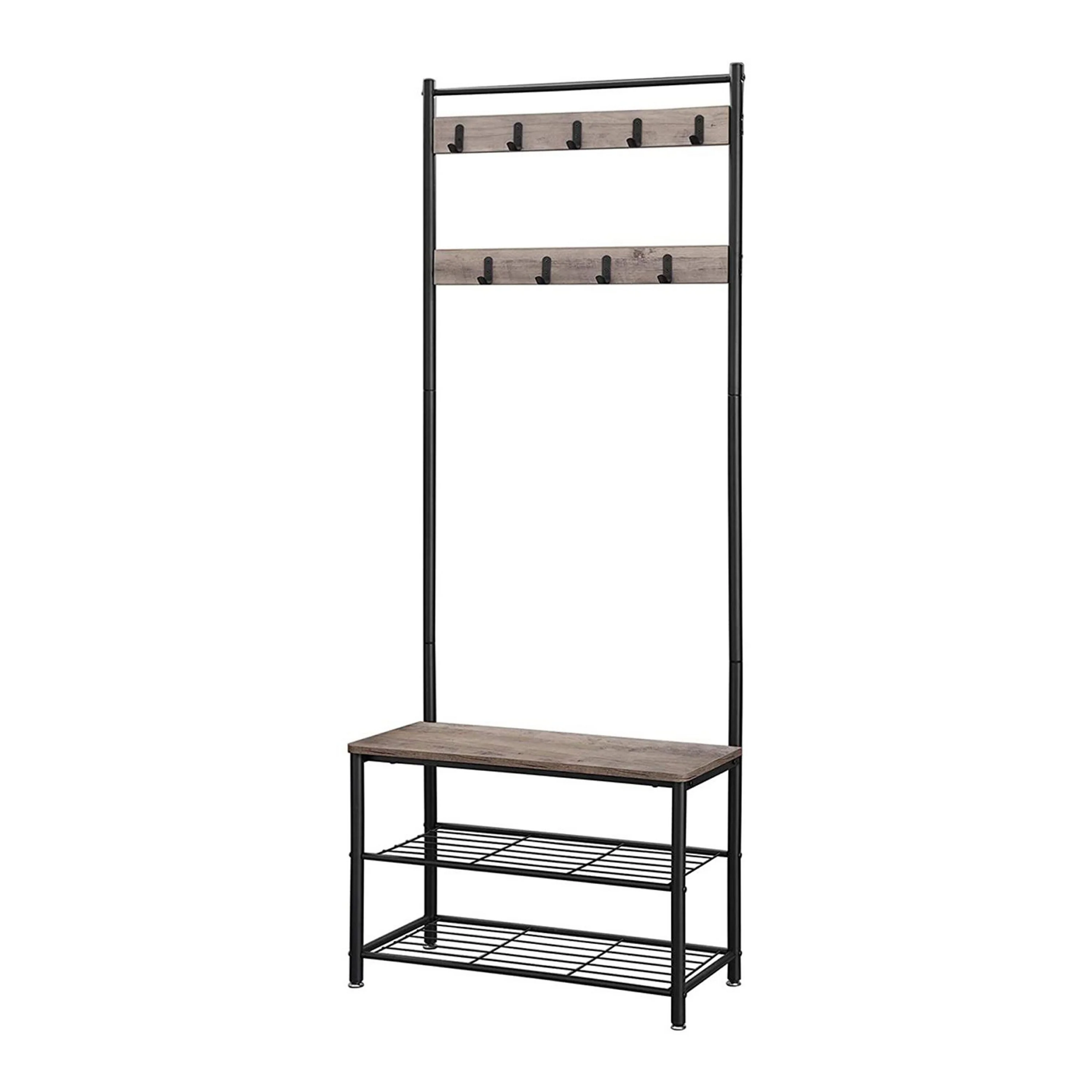 69 Inch Coat Rack Horse, 9 Hooks, 3 Shelves, Black Metal Frame, Gray