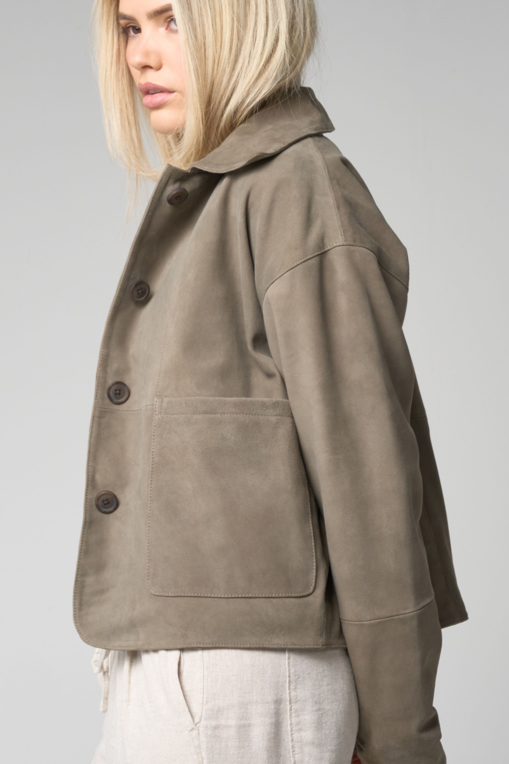 Barneys Originals Sage Goat Suede Cropped Harrington