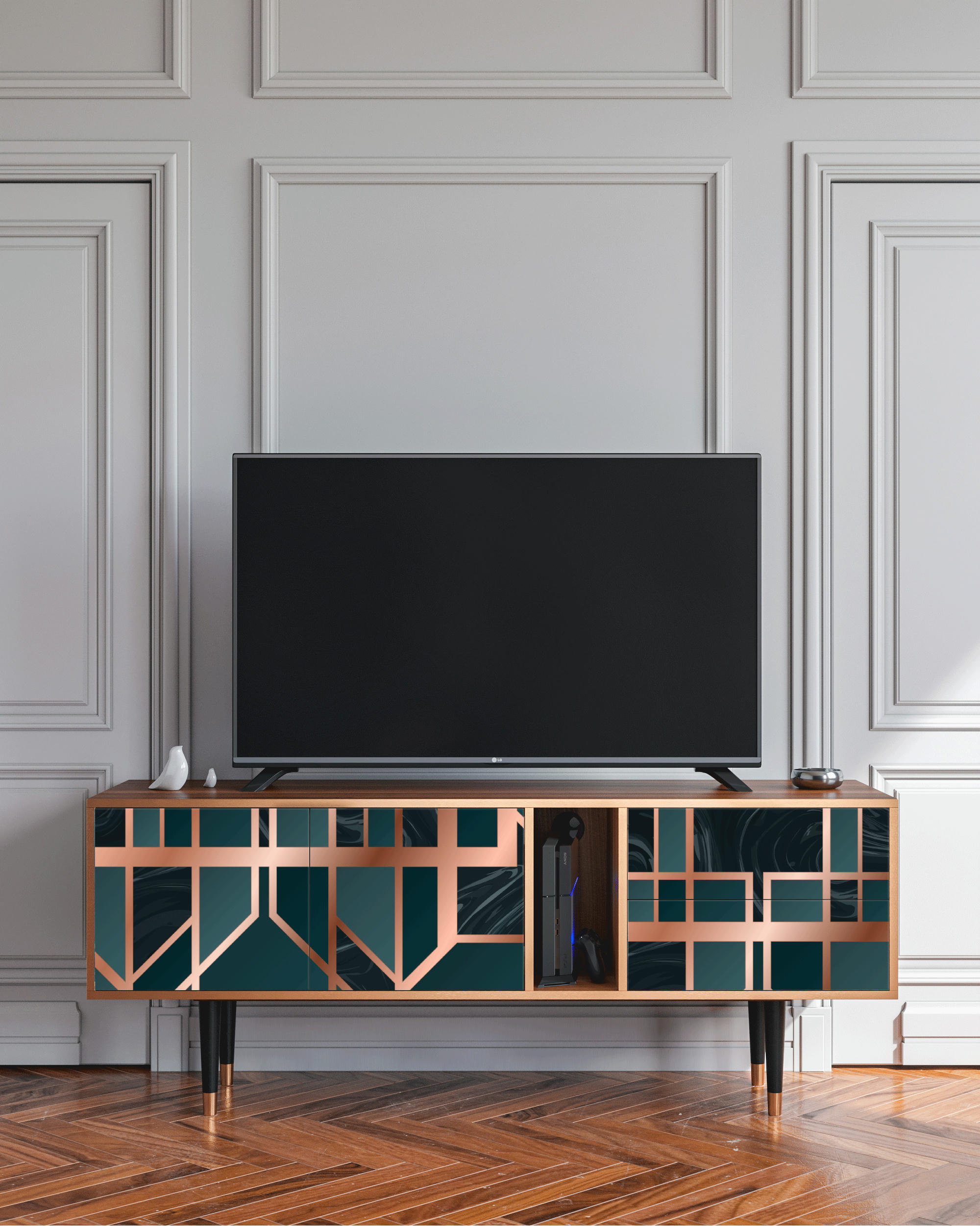 EMERALD METRO - Meuble TV  bleu-vert 2 tiroirs et 2 portes L 170 cm