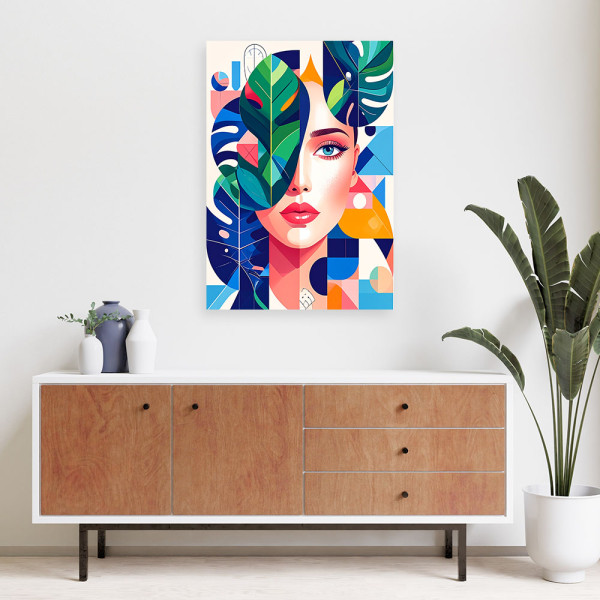 Obraz do salonu sypialni, Kobieta liście monstery w stylu Bauhaus 20x30
