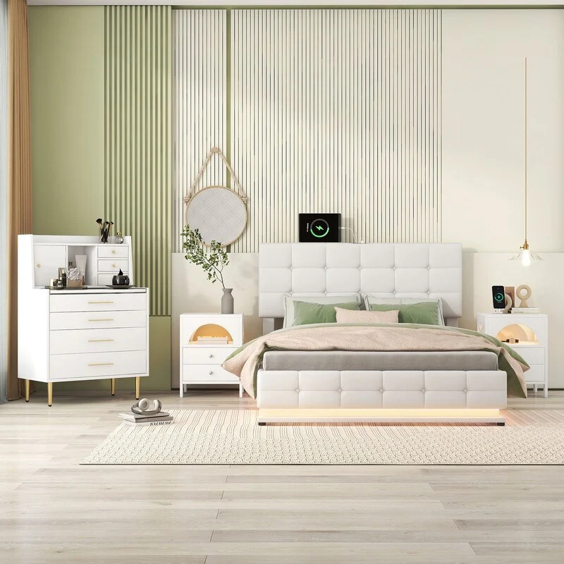 4-Pieces Bedroom Sets Queen Platform Bed w/2 Nightstands ,Vanity with Mirror