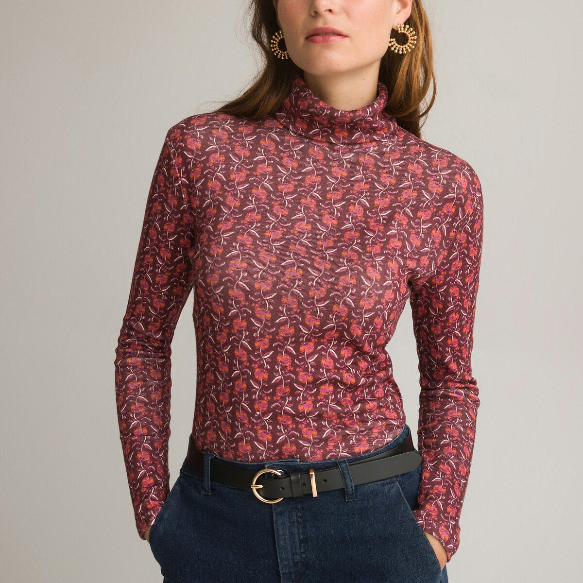 T-shirt imprimé, col roulé, manches longues