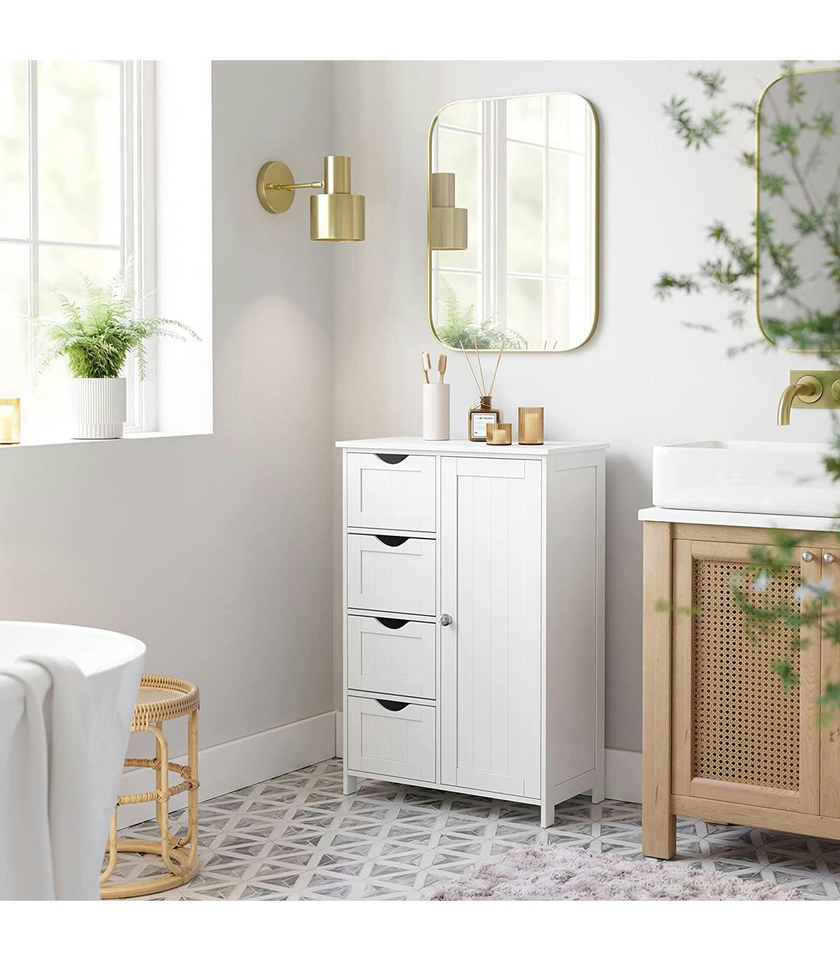 - Étagère de salle de bain 1 Porte 4 Tiroirs L55 cm - Blanc