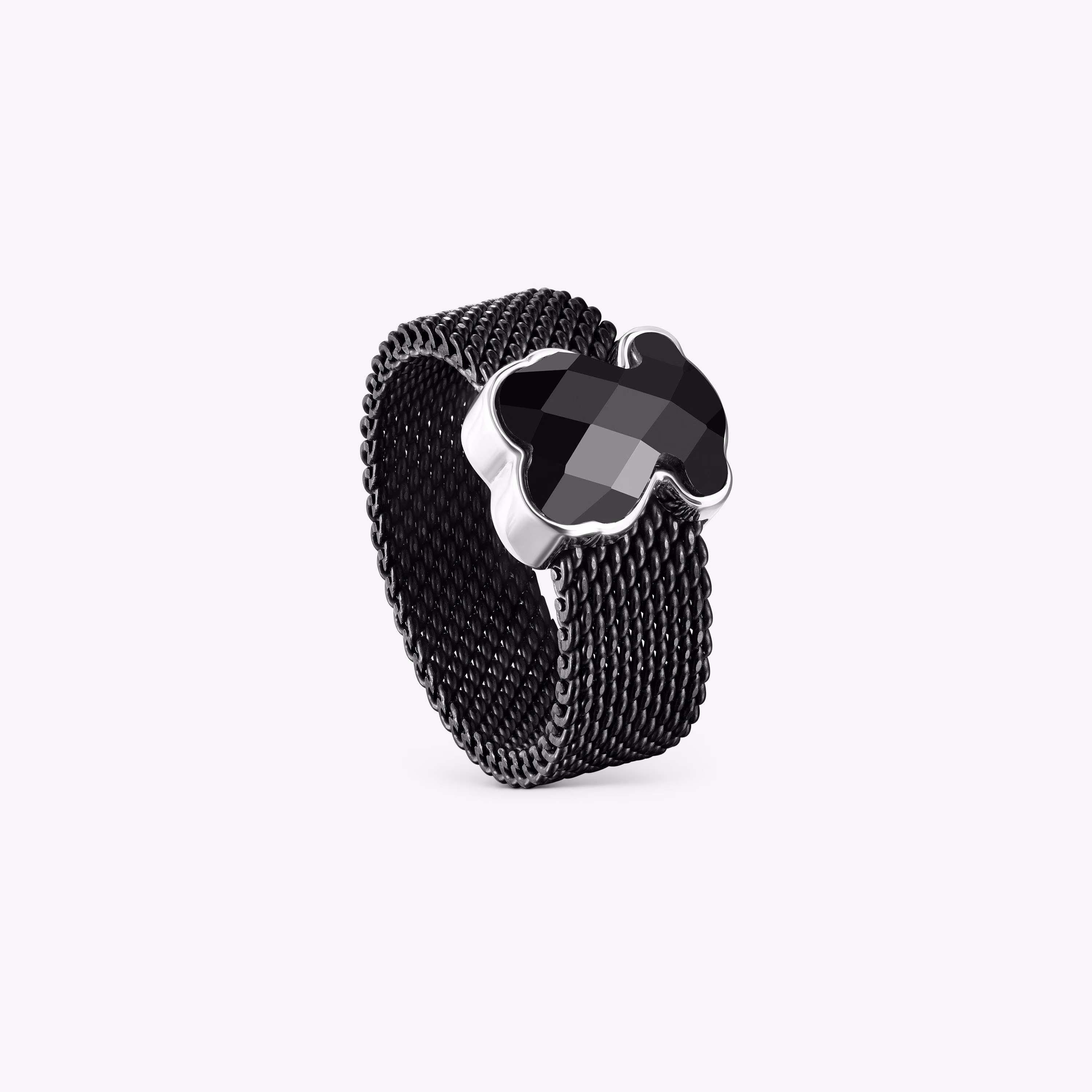 Anillo de acero IP negro y ónix facetado motivo oso Mesh Color