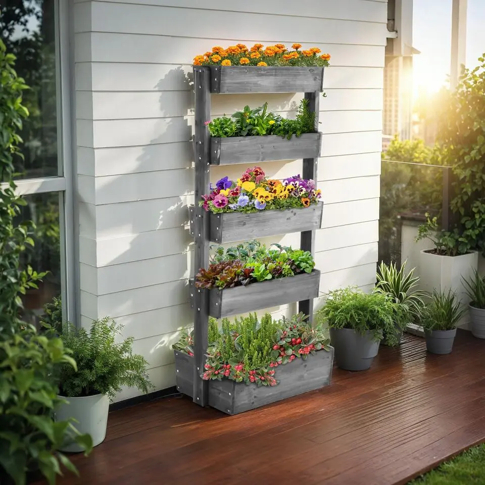 tectake Plantenbak Flora, gelakt hout, met plantenfolie, Grijs