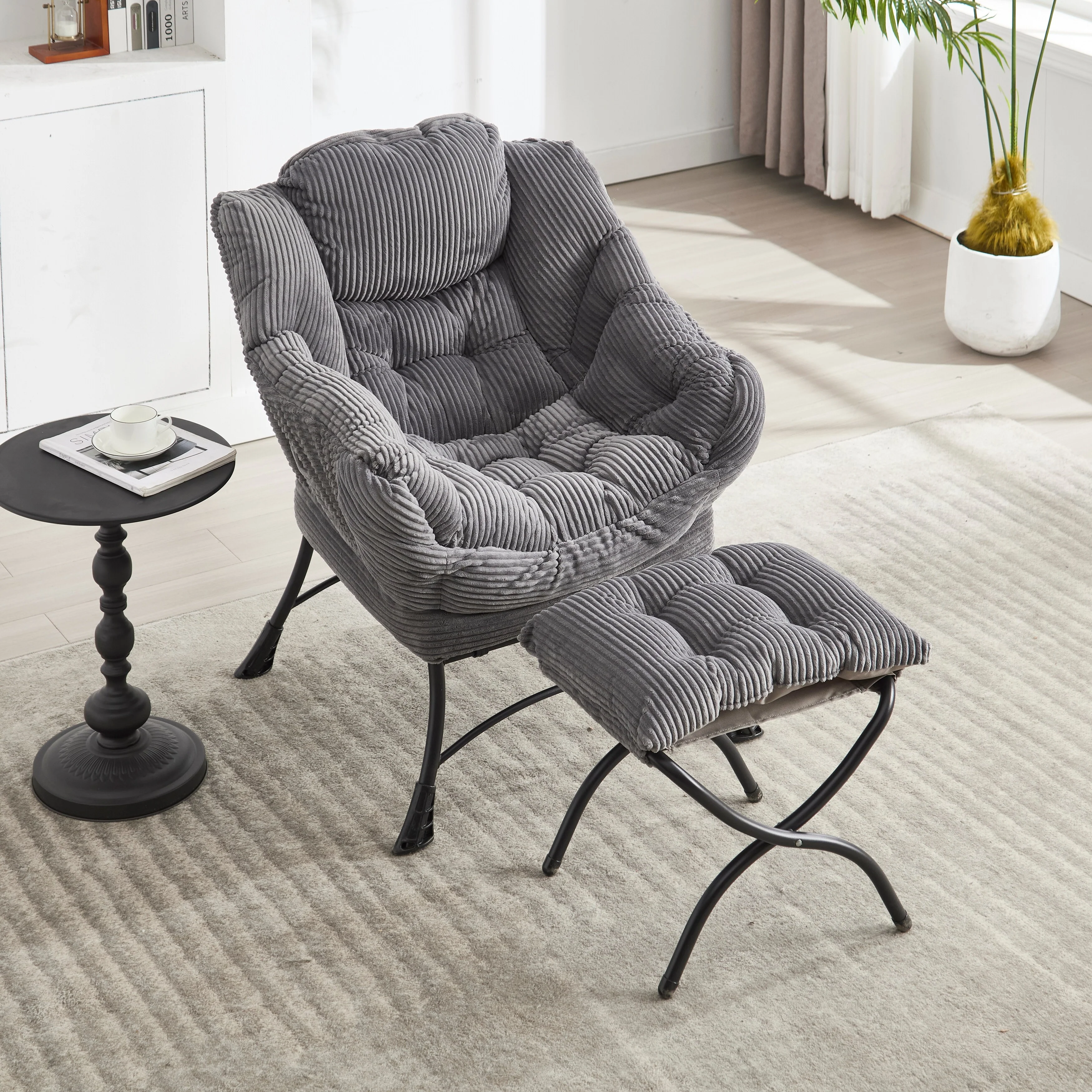Lazy Chair with Ottoman, Modern Lounge Accent Chair with Armrests and a Side Pocket
