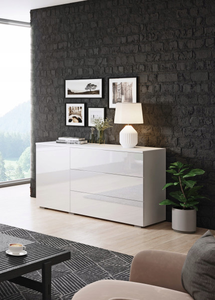 Komoda 110 cm do salonu/sypialni z 3 szufladami i szafką, biały mat/połysk