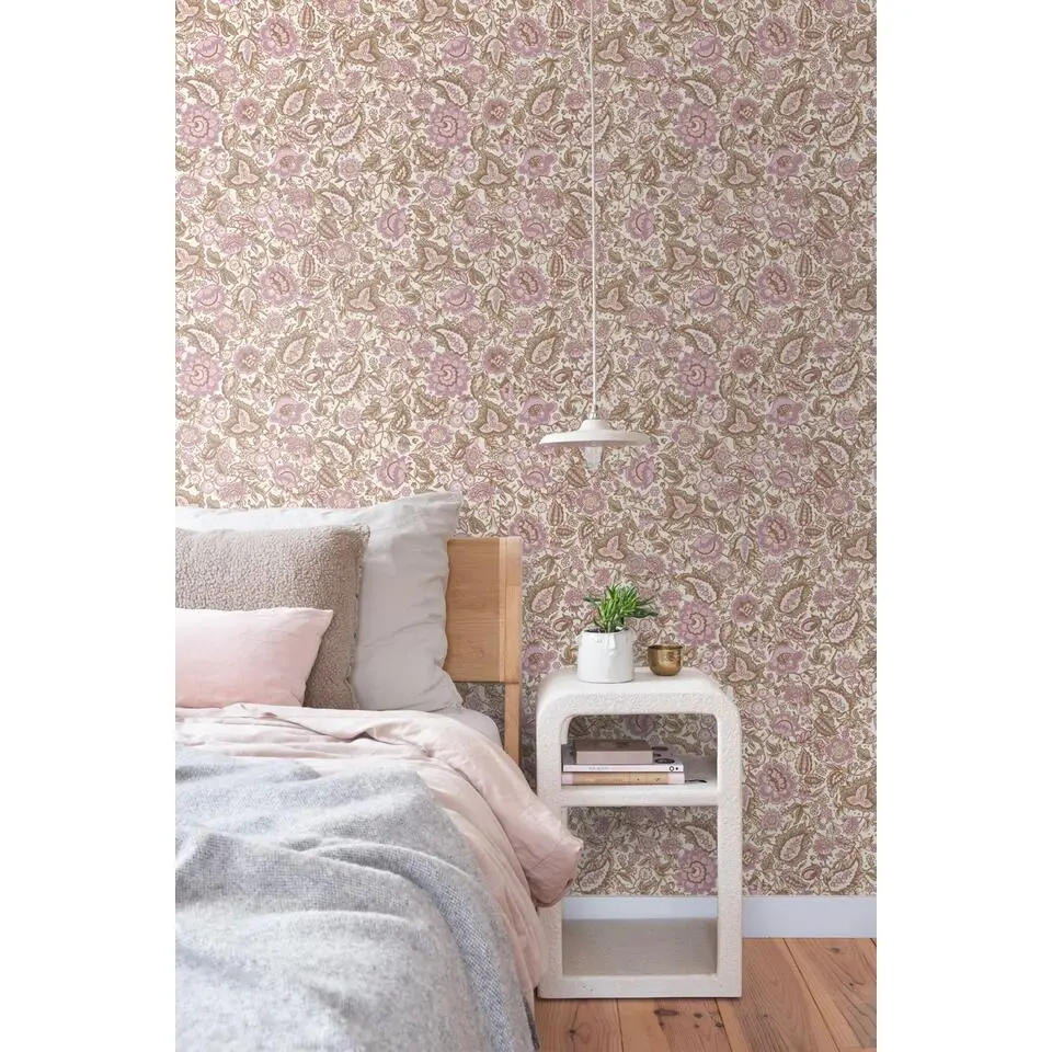 ESTAhome behang vintage bloemen bruin en paars - 50 x 900 cm