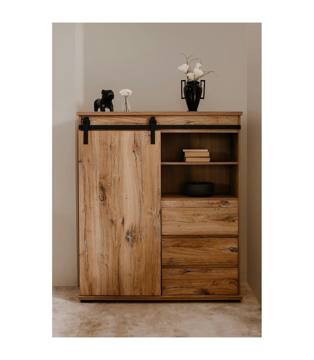 MANZANO - Vaisselier 1 porte coulissante 3 tiroirs 2 niches L120 cm