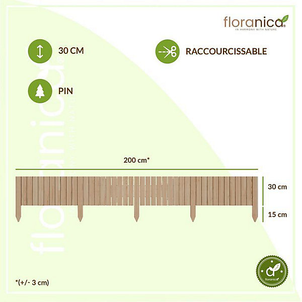 Floranica Bordure de jardin en bois flexible 30 x 200 cm Non-traité avec piquets, idéale pour délimiter pelouse et massifs de fleu