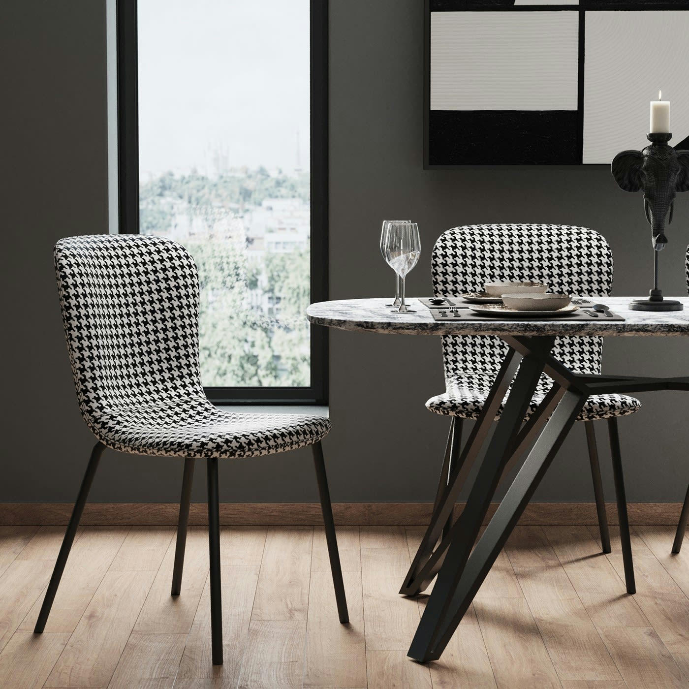 GERDA - Chaise pied-de-poule noir et blanc et acier noir