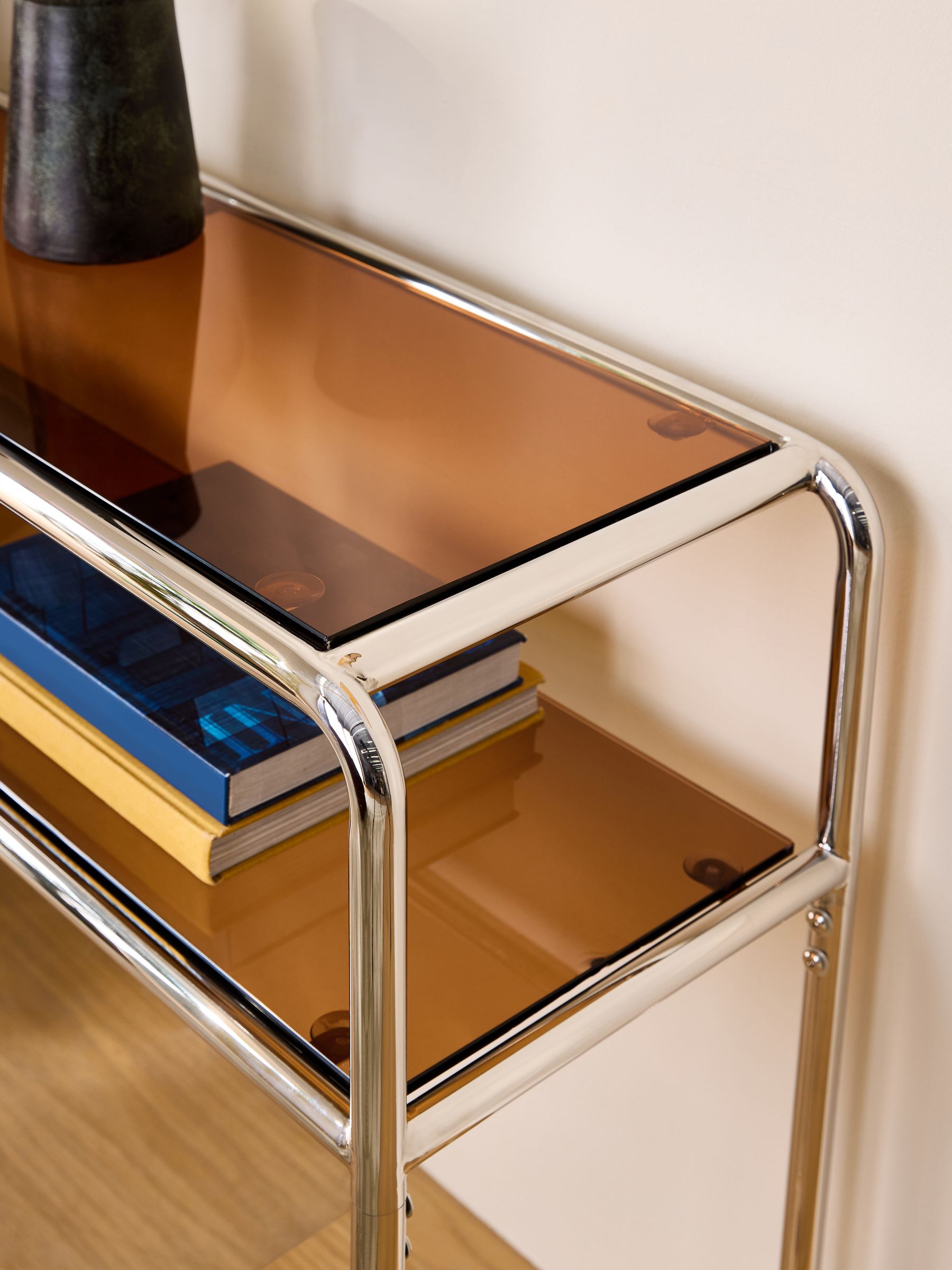 Dunston Console Table in Amber Glass and Chrome