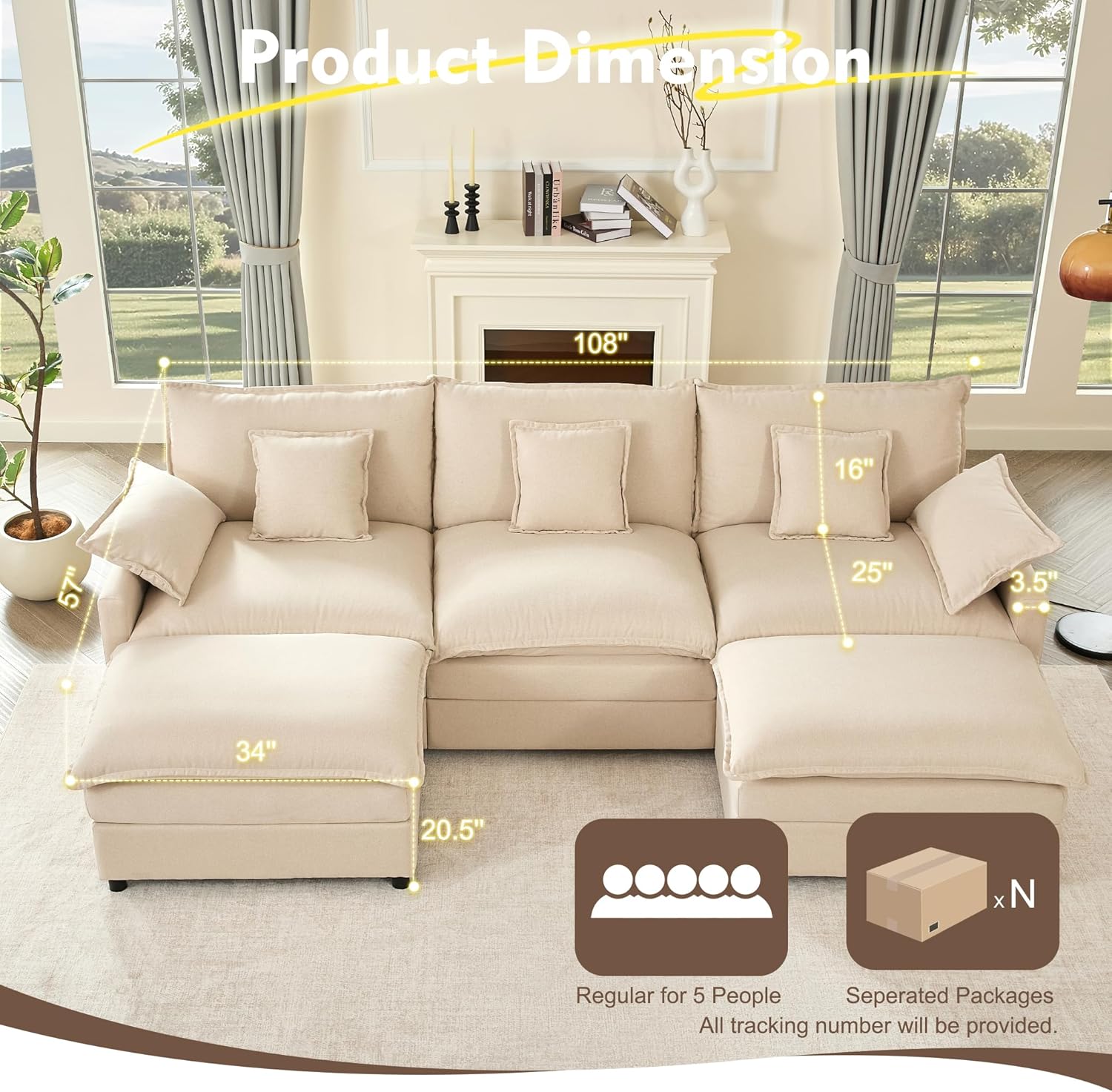 108 U Shaped Couch, Modular Sectional Sofa, 3-Seater Comfy Cloud Couch, Set of Modular Pieces with Movable Ottoman, Deep Seat Couches for Living Room, Linen, Beige