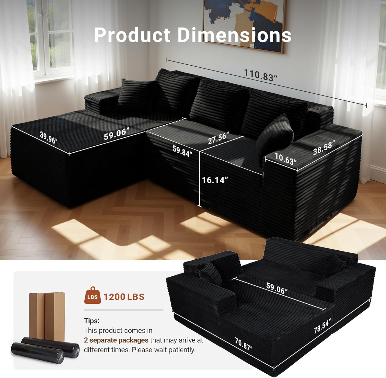 Claiks 110 Boneless Couch, Cloud Couch Sectional, L-Shape Corduroy Modular Sectional Sofa Deep Seat, Upholstered Couches for Living Room, No Assembly Required, Black, Left Facing Chaise