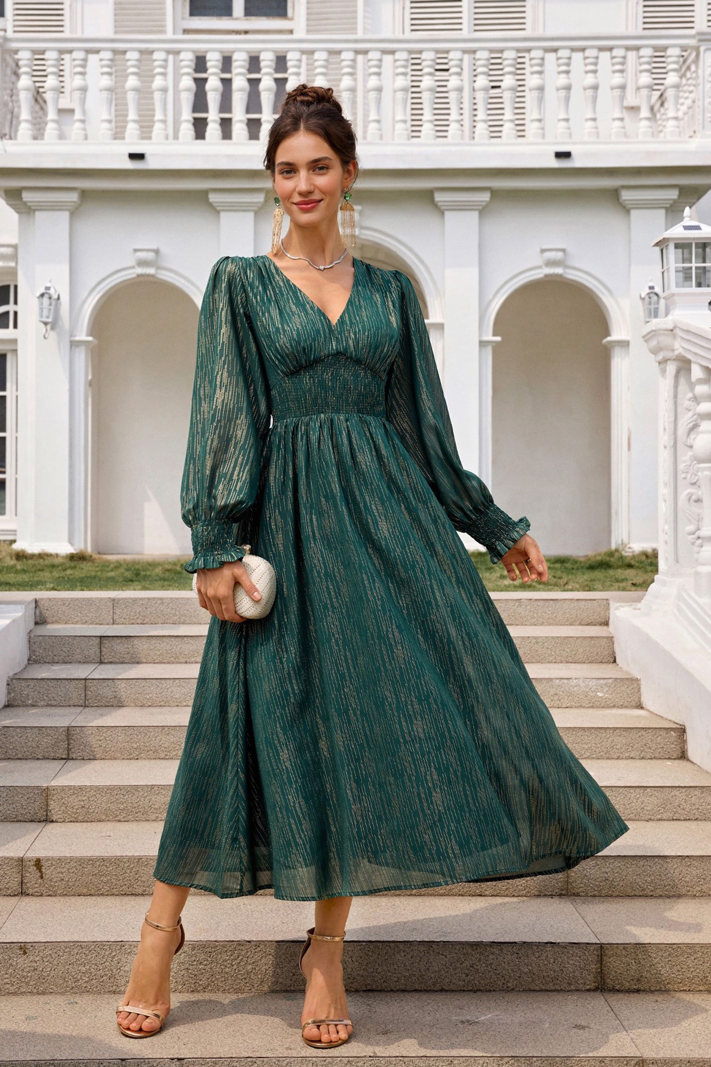 FS Collection Gold Stripe Foil V-Neckline Long Sleeve Maxi Dress In Green
