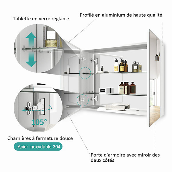 EMKE Armoire de toilette murale avec miroir double face - 85x65 cm - Blanc mat - Fermeture douce - Tablettes en verre ajustables