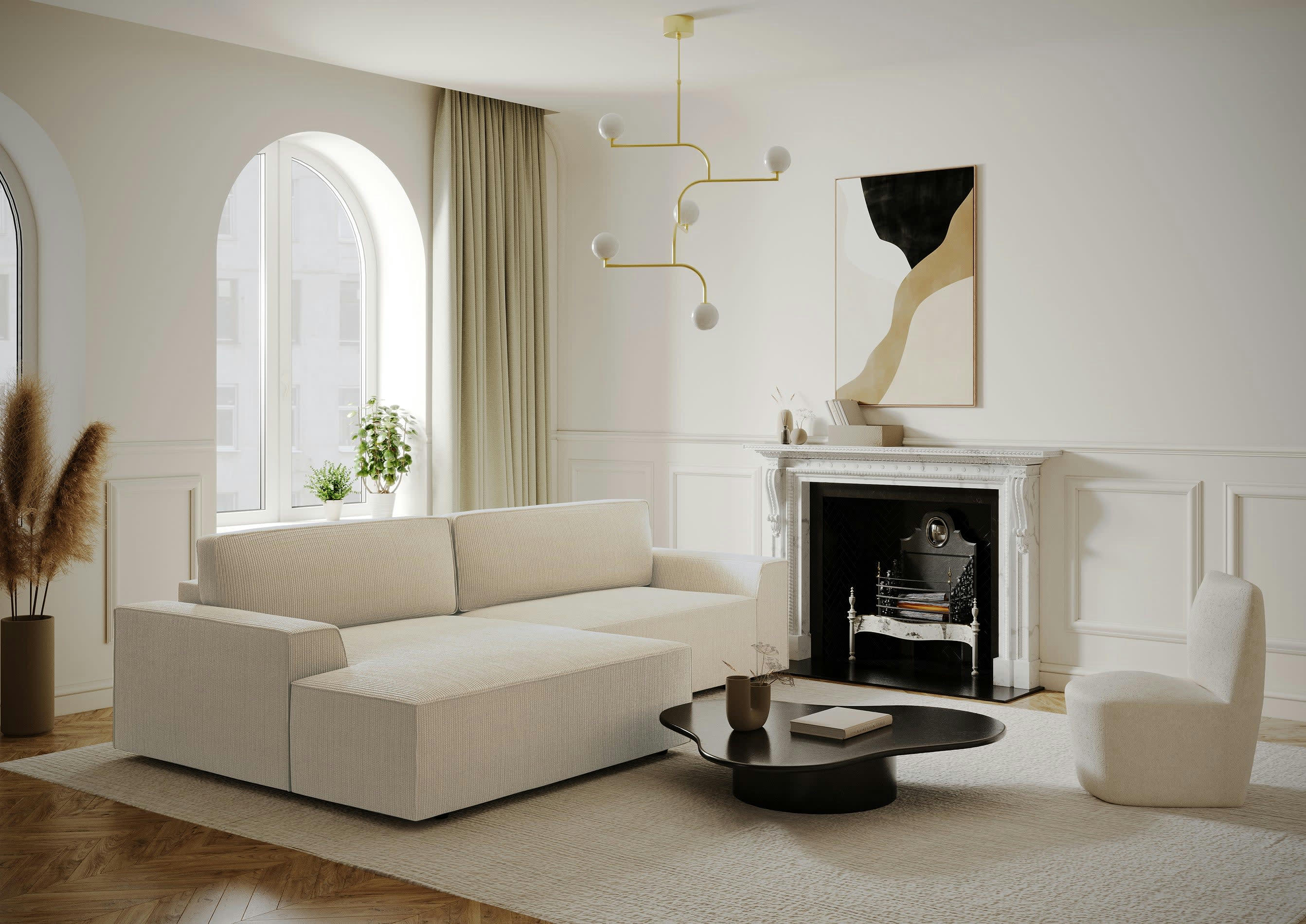 ELIOTT - Canapé angle gauche convertible coffre velours côtelé crème 300x174cm