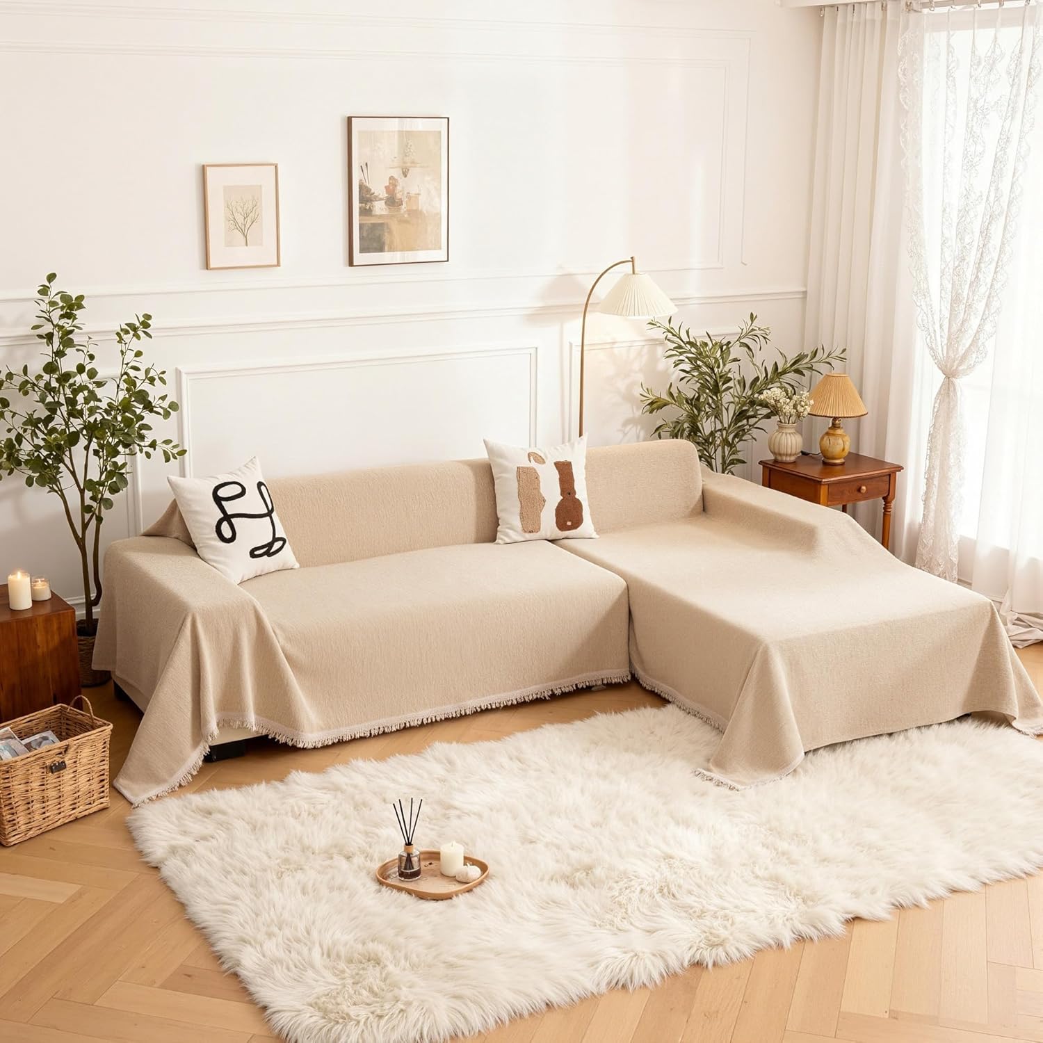 MEETSKY Sectional Couch Covers L Shape, 2 Pieces Chenille Washable Sofa Covers, Furniture Protector for Pets, Kids, Sofa Slipcover for 3-4 Cushion Couch (XX-Large, 71x118+91x134, Khaki)