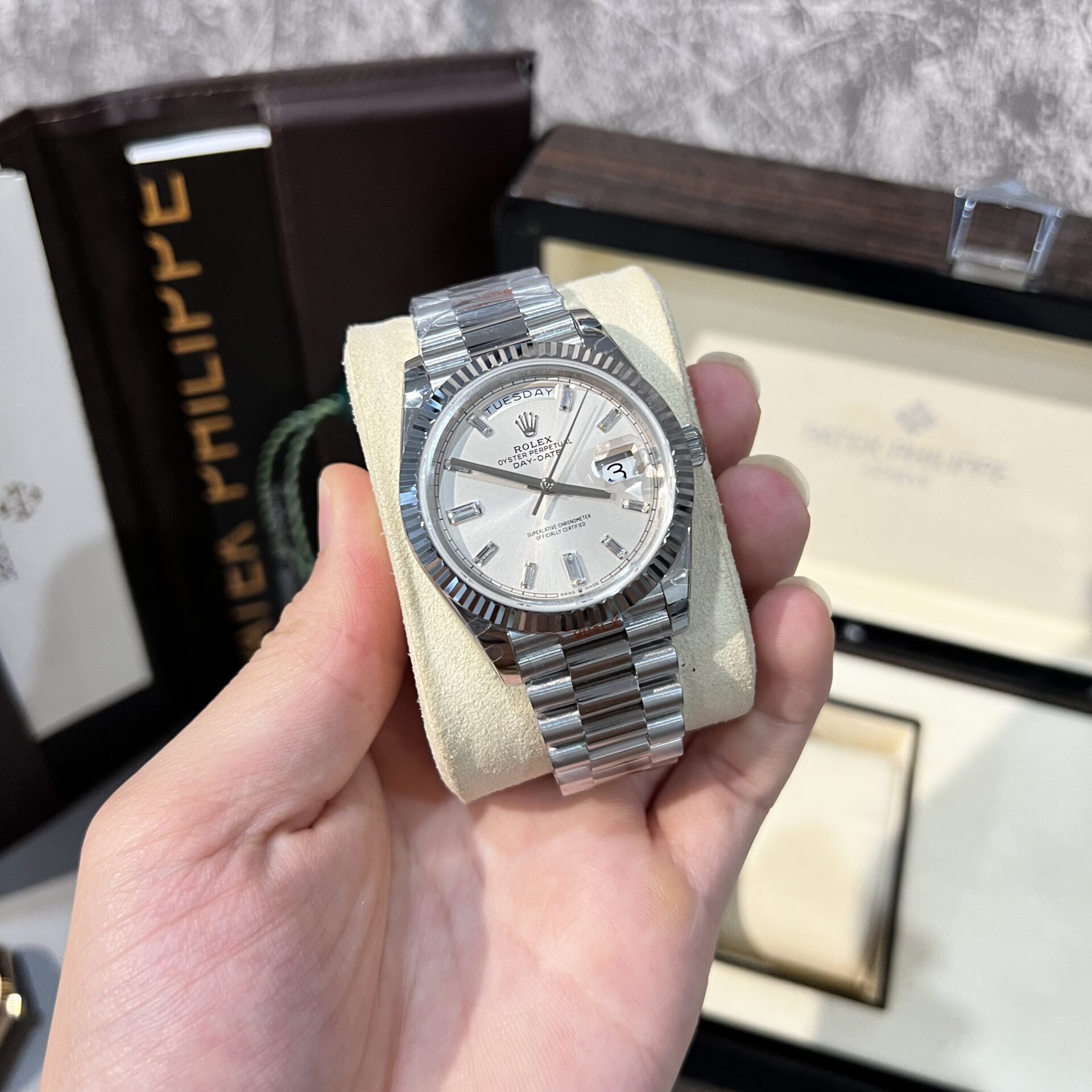 Rolex Day-Date 228239 904L Steel White Dial CZ Diamonds 40mm Super Clone
