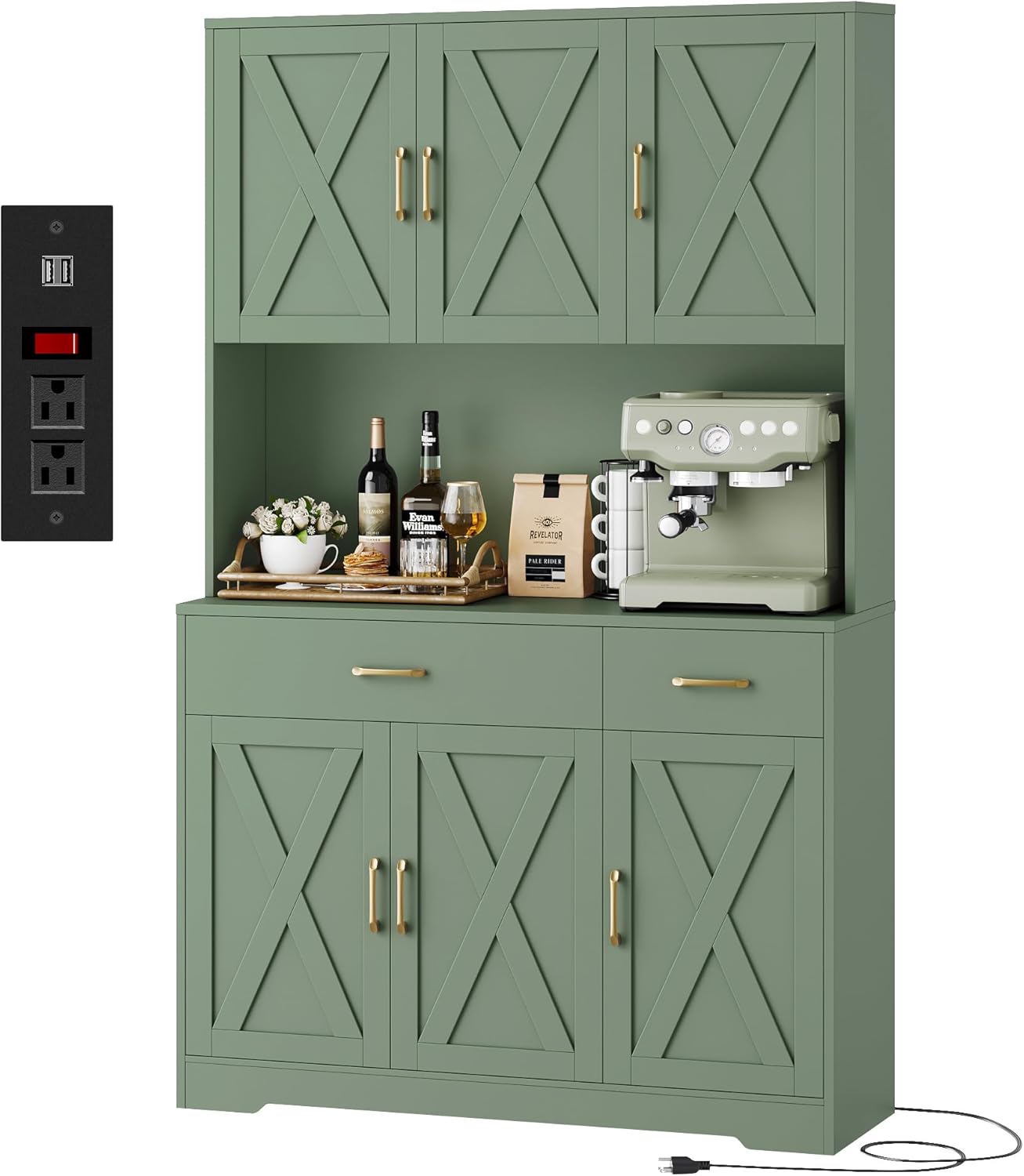 HOSTACK 71 Pantry Cabinet with Charging Station, Tall Kitchen Pantry Storage Cabinet with Microwave Stand, Farmhouse Kitchen Hutch with Storage Drawers for Living Room, Dining Room, Green