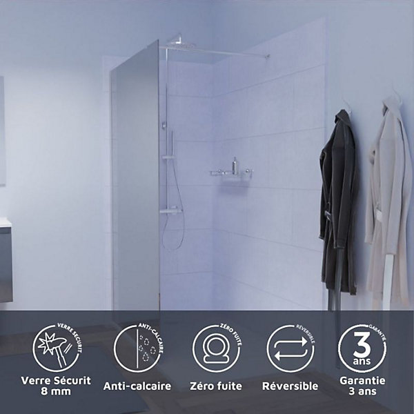 Paroi de douche miroir 120 cm MAORA - Verre 8 mm anticalcaire