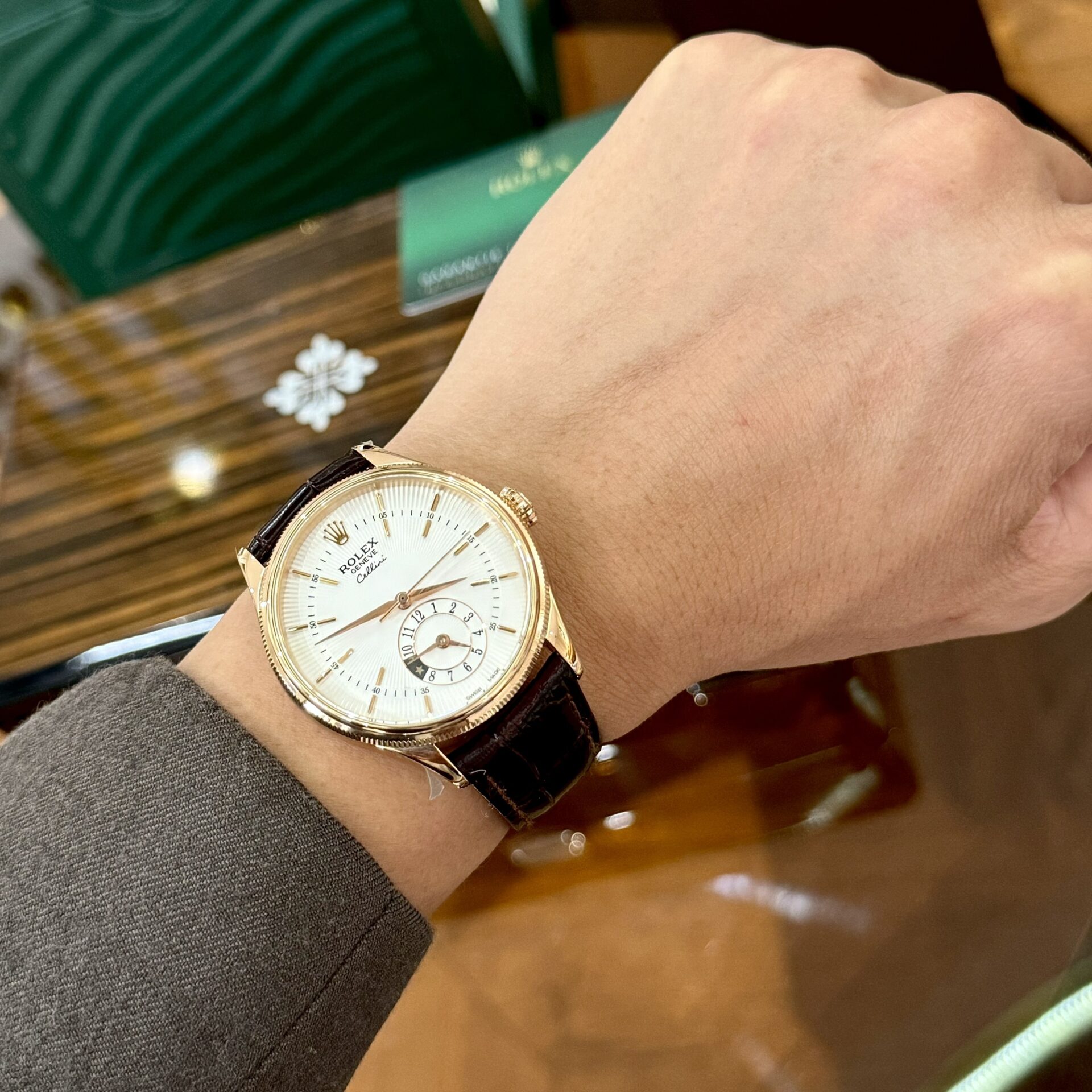 Rolex Cellini 50525 RG Plated White Dial 39mm Brown Leather AAA Replica