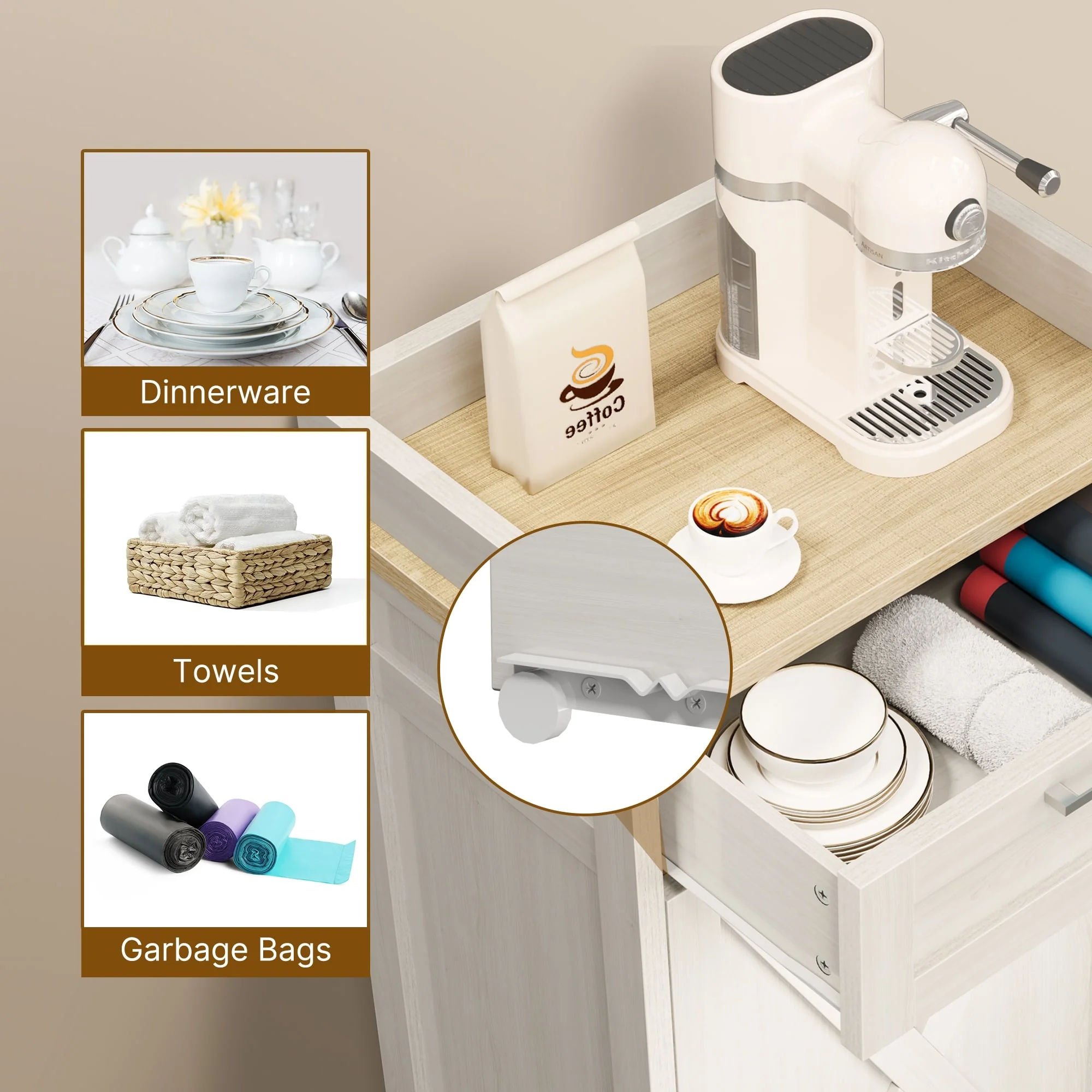 Kitchen Wooden Tilt Out Trash Can Cabinet Freestanding Trash Bin Holder