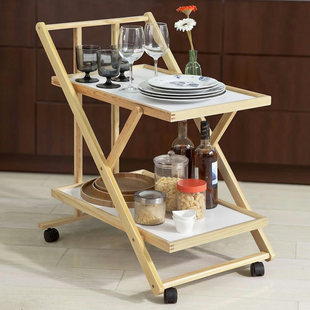 - Chariot de service pliable sur roulettes effet bois naturel