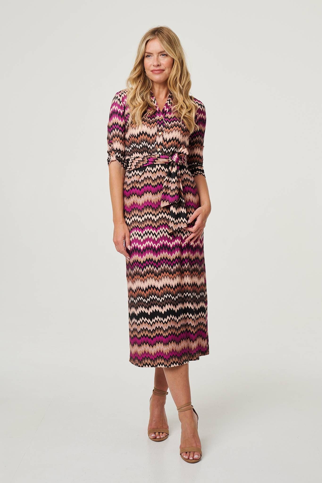 Izabel London Chevron Print Tie Waist Midi Shirt Dress