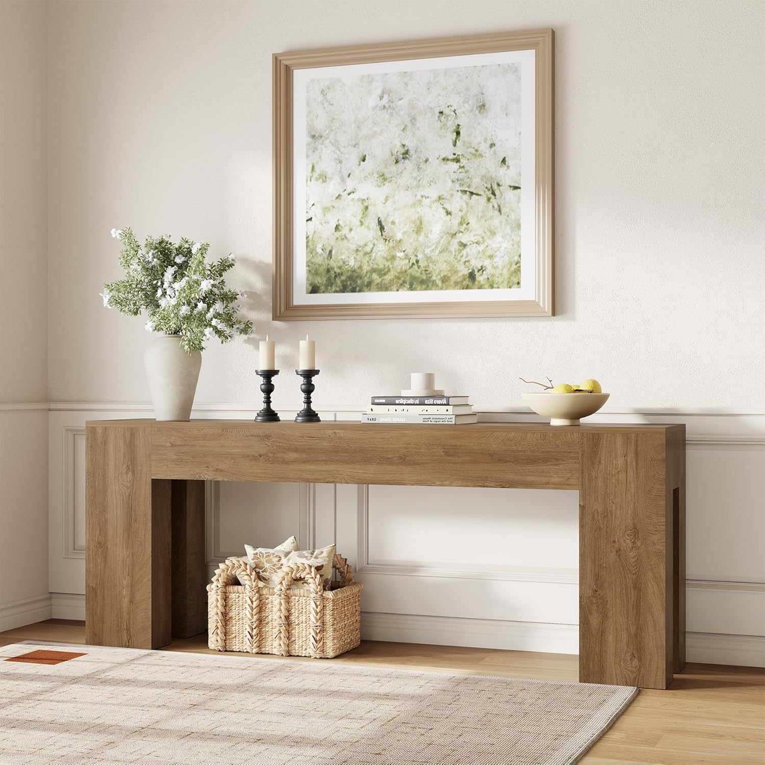 Extra Long Sofa Console Table for Entryway Living Room, 79-Inch Farmhouse Wood Behind Couch Table, Rectangular Accent Console with Wooden Double Base for Hallway Foyer Entrance, Natural Oak