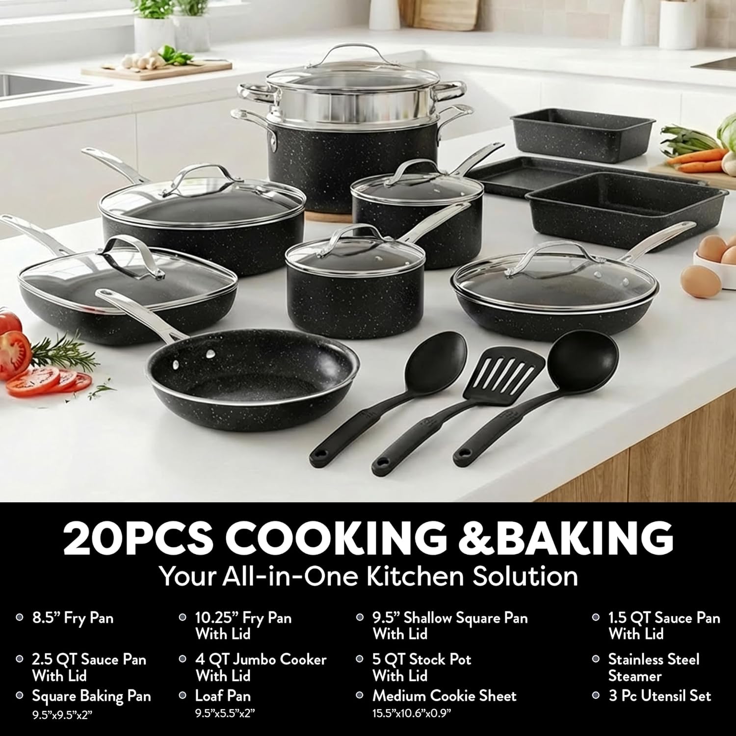 GRANITESTONE 20 Pc Complete Pots and Pans Set Non Stick Cookware Set with Saute Pan, Bakeware, Steamer, Cooking Utensils, Made Without PFOA PFOS, Oven and Dishwasher Safe