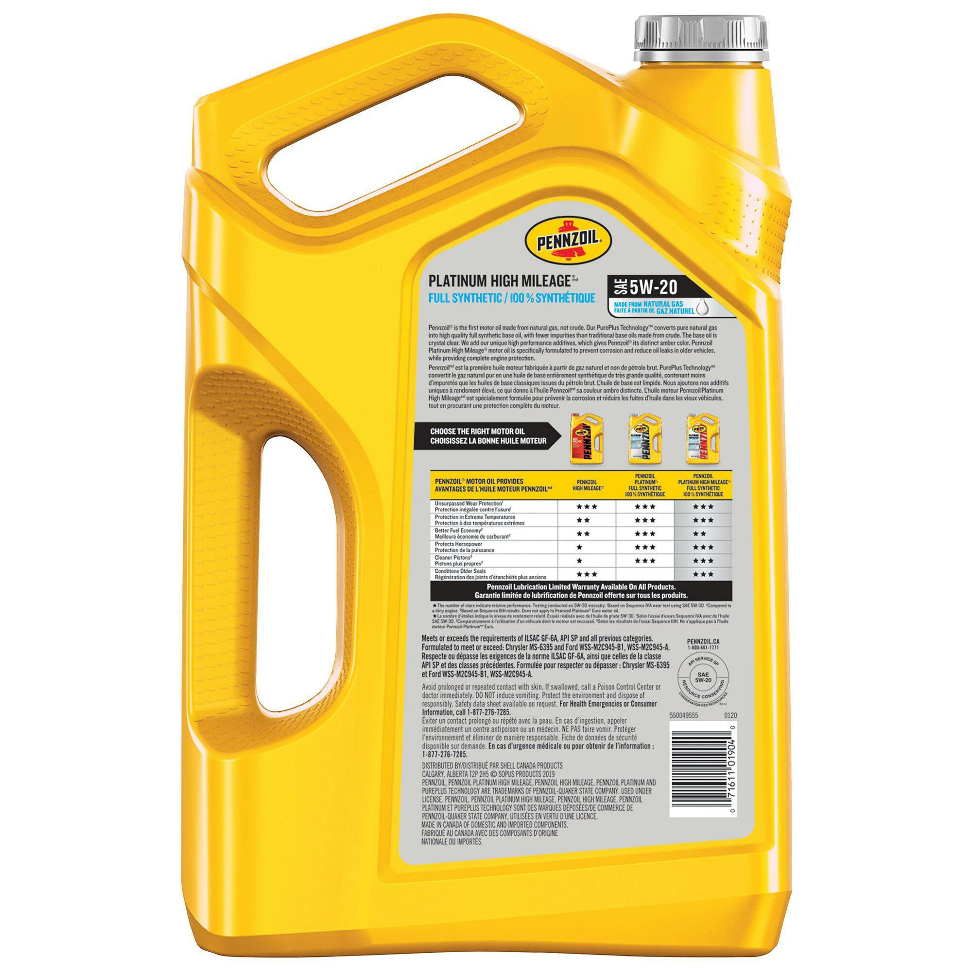 Pennzoil Platinum High Mileage 5W20 Synthetic Engine/Motor Oil, 5-L