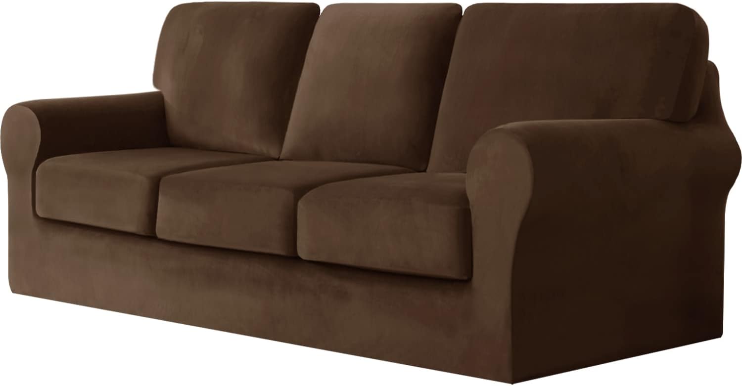 7 Pieces Velvet High Stretch Sofa Covers for 3 Cushion Couch Sofa Slipcovers, Washable Furniture Protector with Drawstring Anti Slip Bottom, Soft and Plush Fabric for Kids and Pet (Coffee)