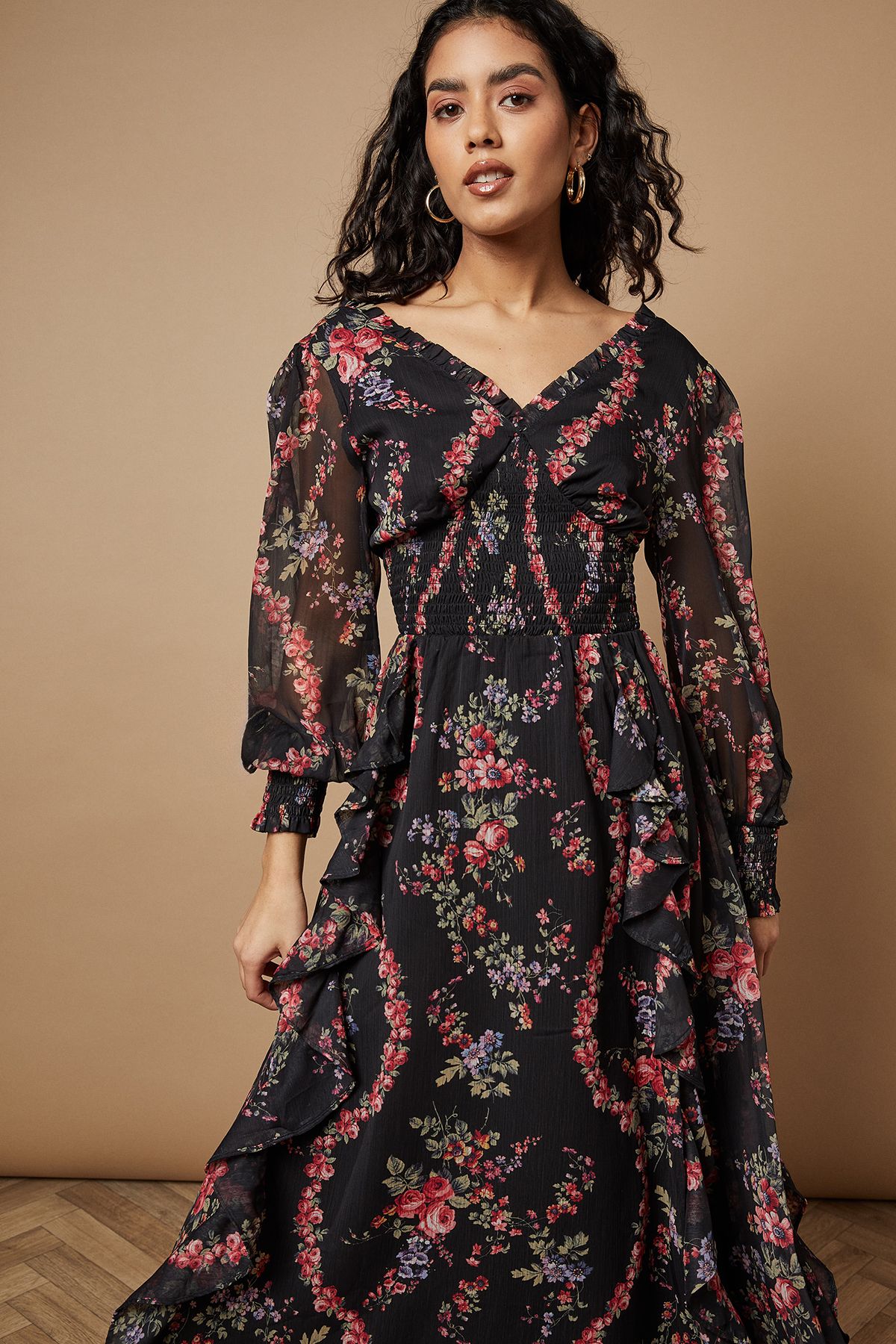 Oasis Petite Floral Printed Ruffle Detail Shirred Waist Midaxi Dress