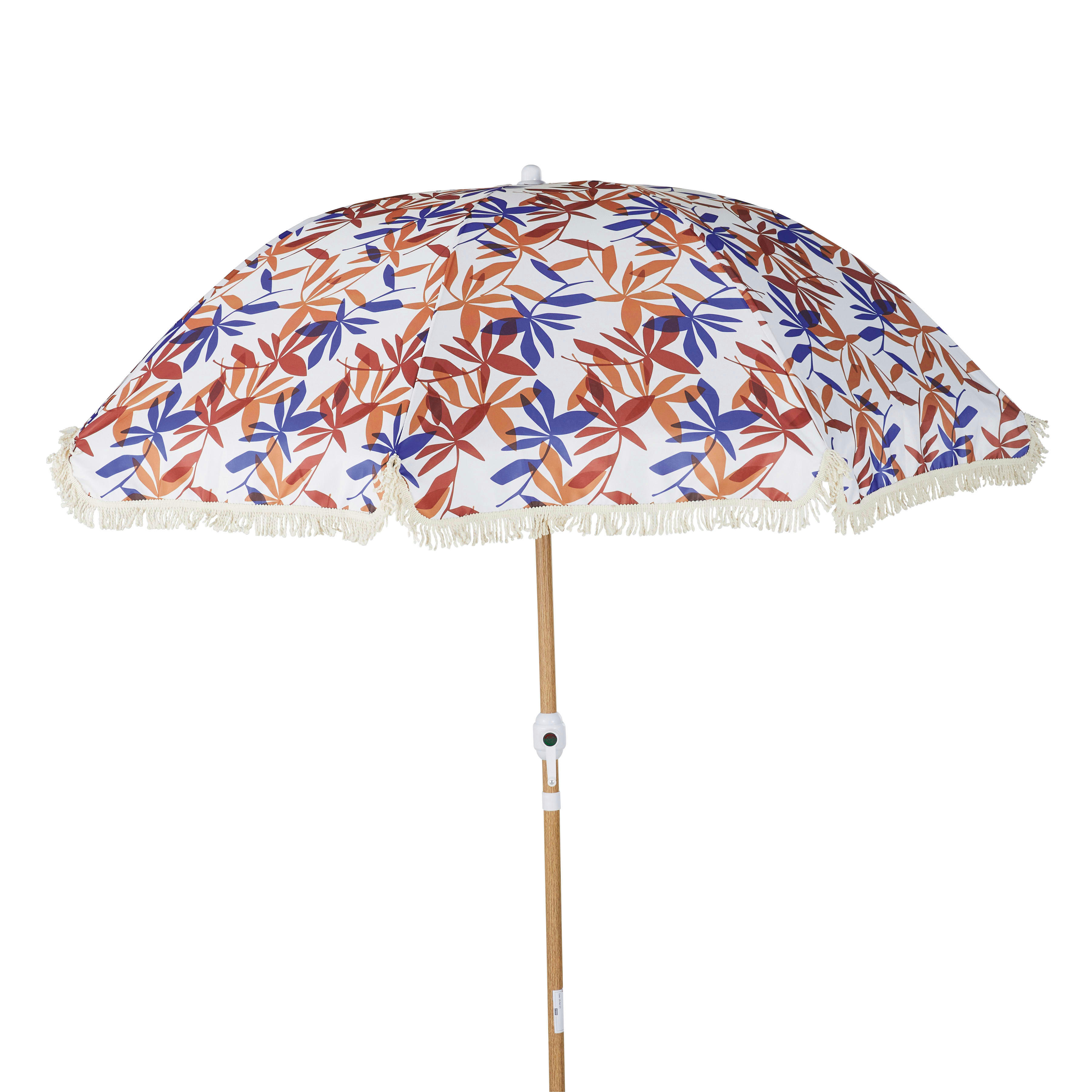 Nicolo - Parasol vintage 2x2m en aluminium imitation bois et toile écrue motifs feuilles marron, bleu et terracotta