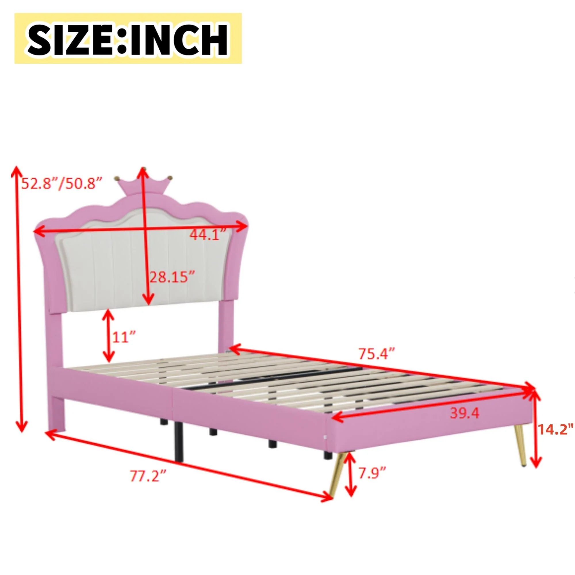Modern Twin Upholstered Princess Bed with Crown-Shaped Headboard, LED Lighting, Pink & White Frame, Sturdy Quiet Design