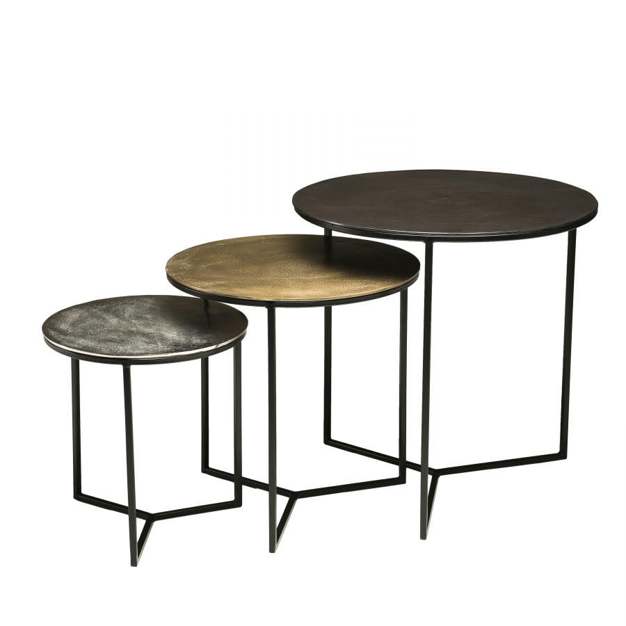 JONAS - 3 tables gigognes rondes aluminium noir doré argenté métal noir D60
