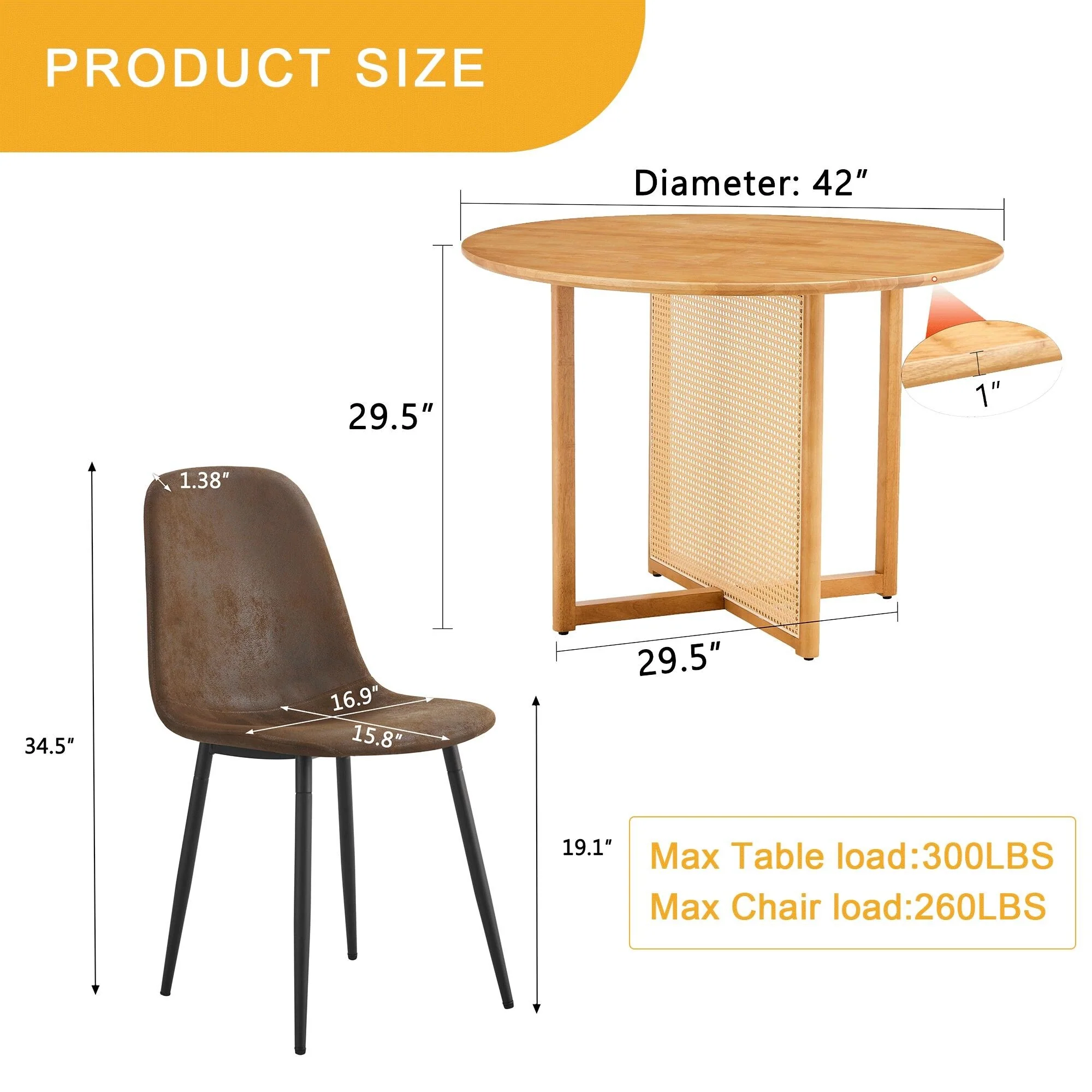 Table and chair set, diameter Natural Wood Rubber Wood Round Dining Table,4 Comfortable Technology-Fabric Chairs With Metal Legs