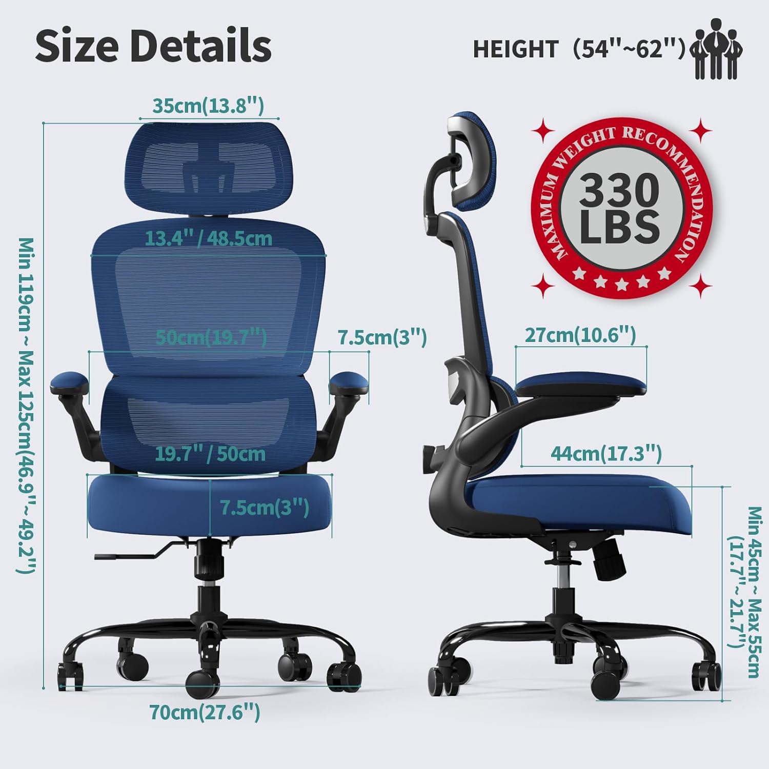 TRALT Office Chair Ergonomic Desk Chair, 330 LBS Home Mesh Office Desk Chairs with Wheels, Comfortable Gaming Chairs (Dark Blue)