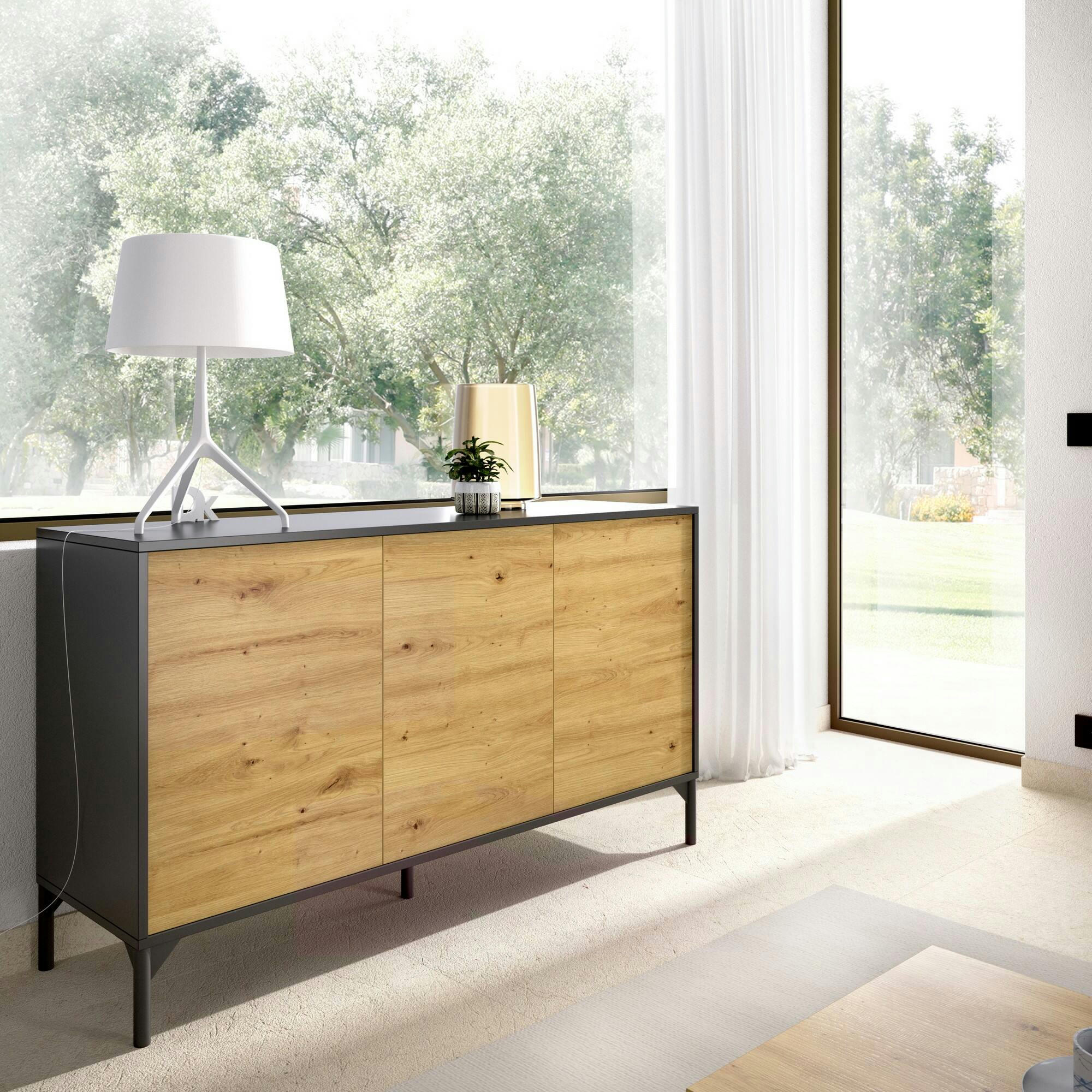 DLOOKMA - Buffet haut en bois effet chêne noueux et anthracite