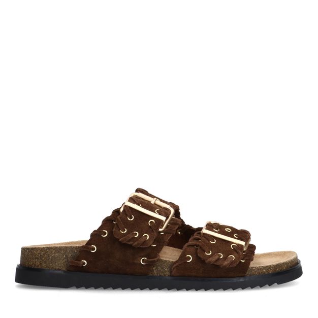 Donkerbruine suède slippers met goudkleurige buckles