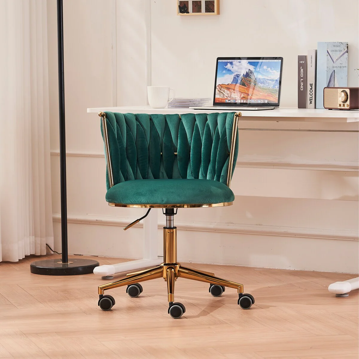 Upholstered Home Office Desk Chairs with Adjustable Swivel Wheels