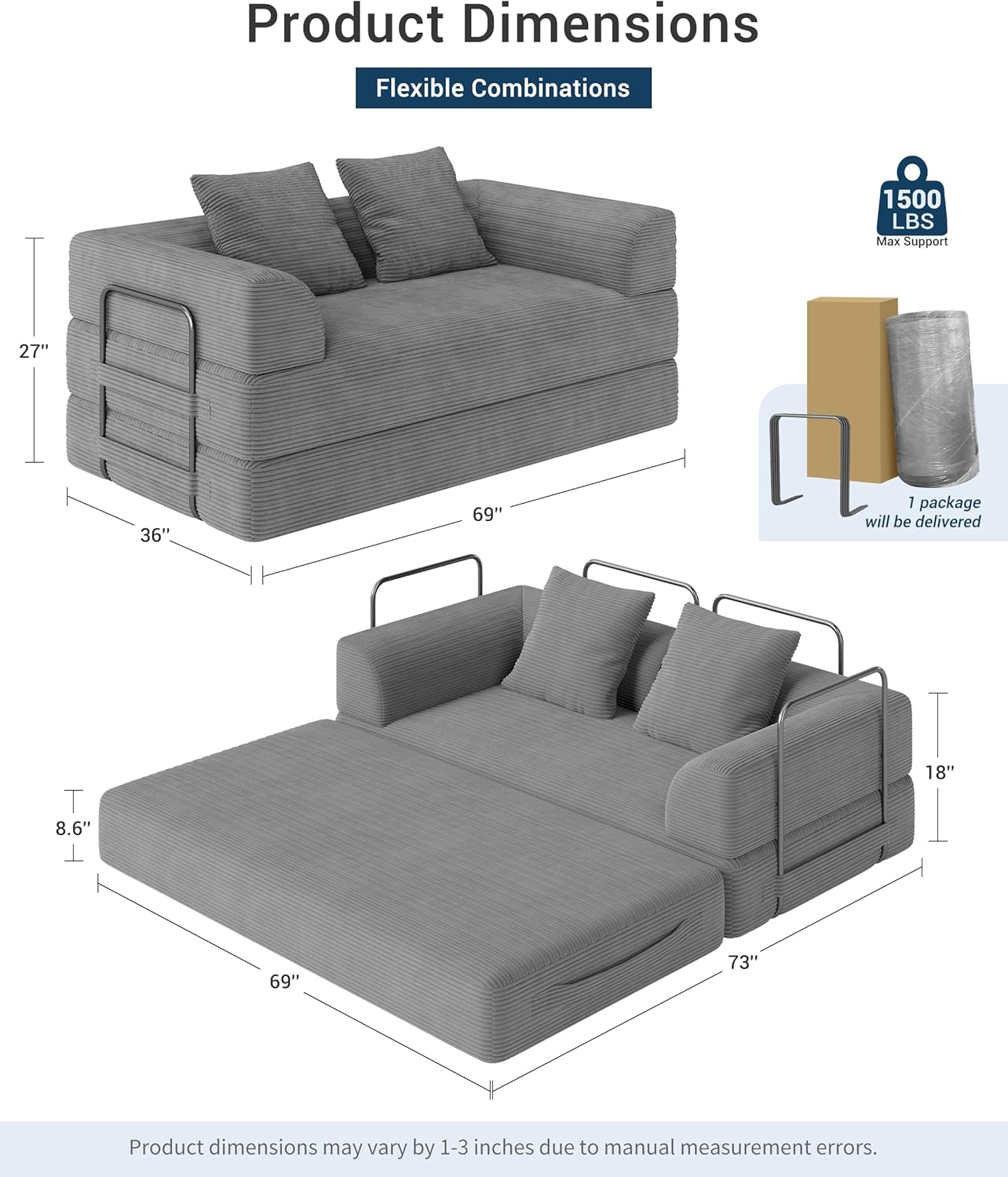 Cloud Boneless Convertible Floor Sofa Bed, 70 4-in-1 Foldable Compressed Loveseat Lounge Sleeper 2 Seater Couches, High-Density Sponge & Corduroy Fabric Futon Daybed for Living Room Bedroom(Gray)