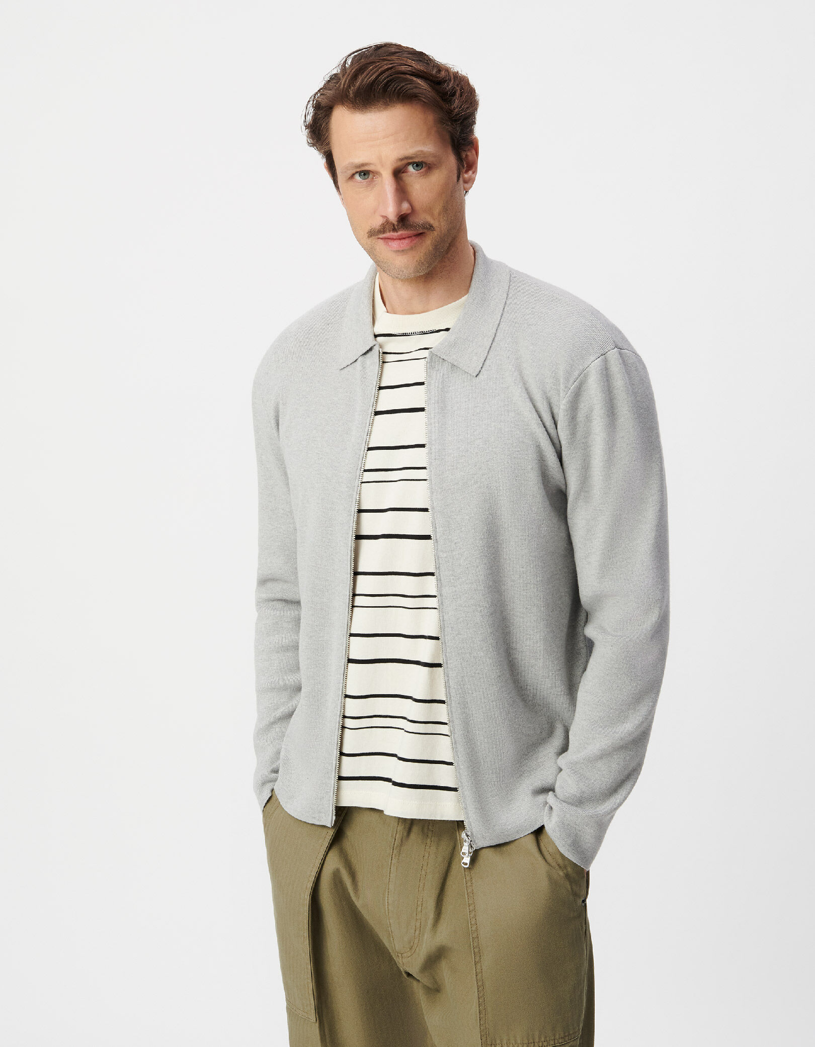 Cardigan zippé gris maille Milano col chemise Homme