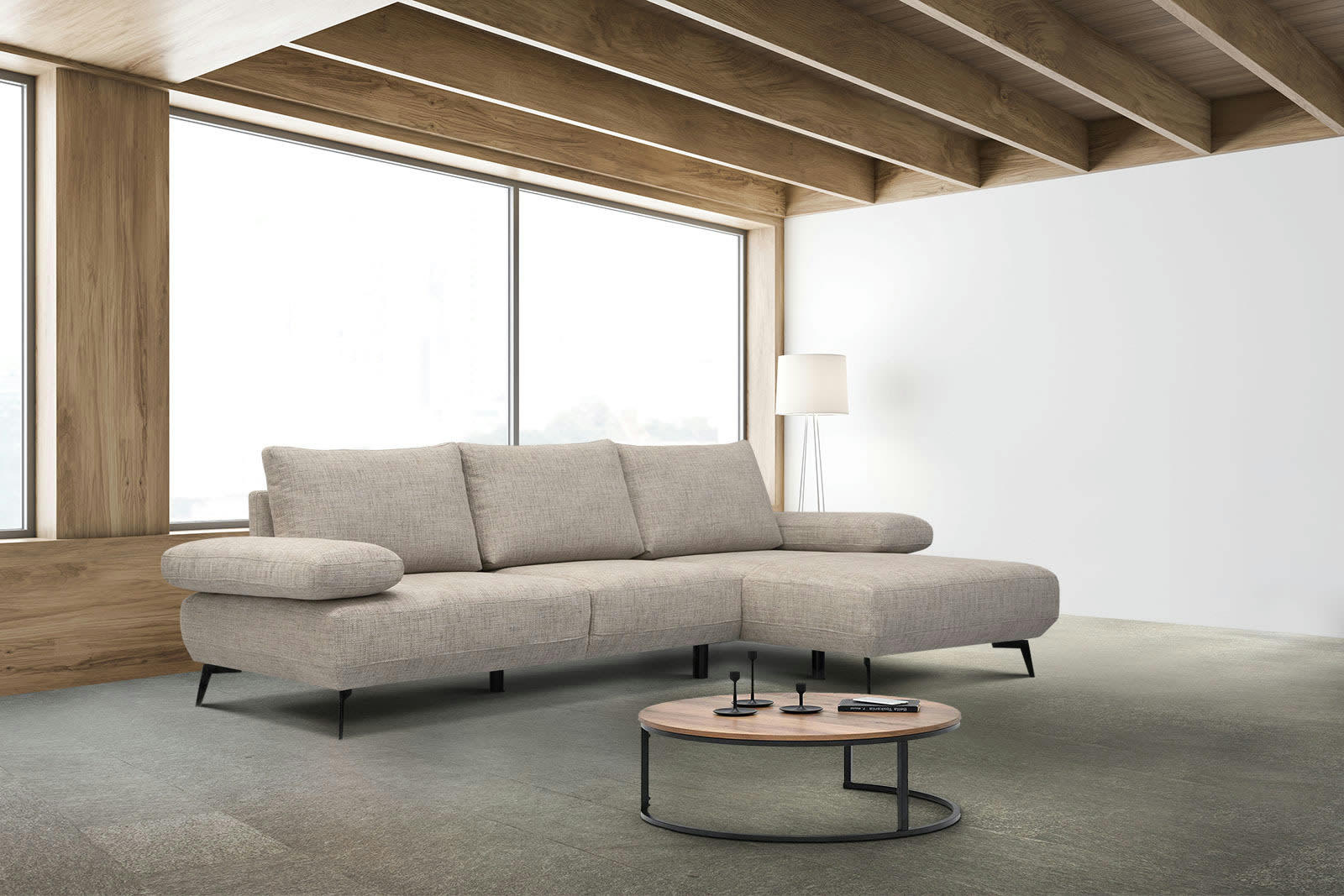 MELLO - Canapé d'angle droit 4 places tissu rose pâle